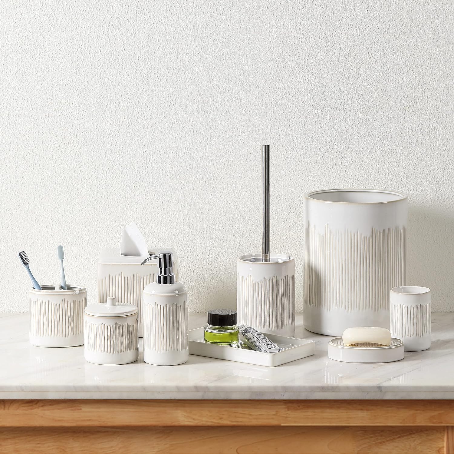 Bathroom Accessories Set, 5-Piece Ceramic Bath Accessory Complete Set with Lotion Dispenser/Soap Pump, Cotton Jar, Soap Dish, Tumbler and Toothbrush Holder (Ivory White)