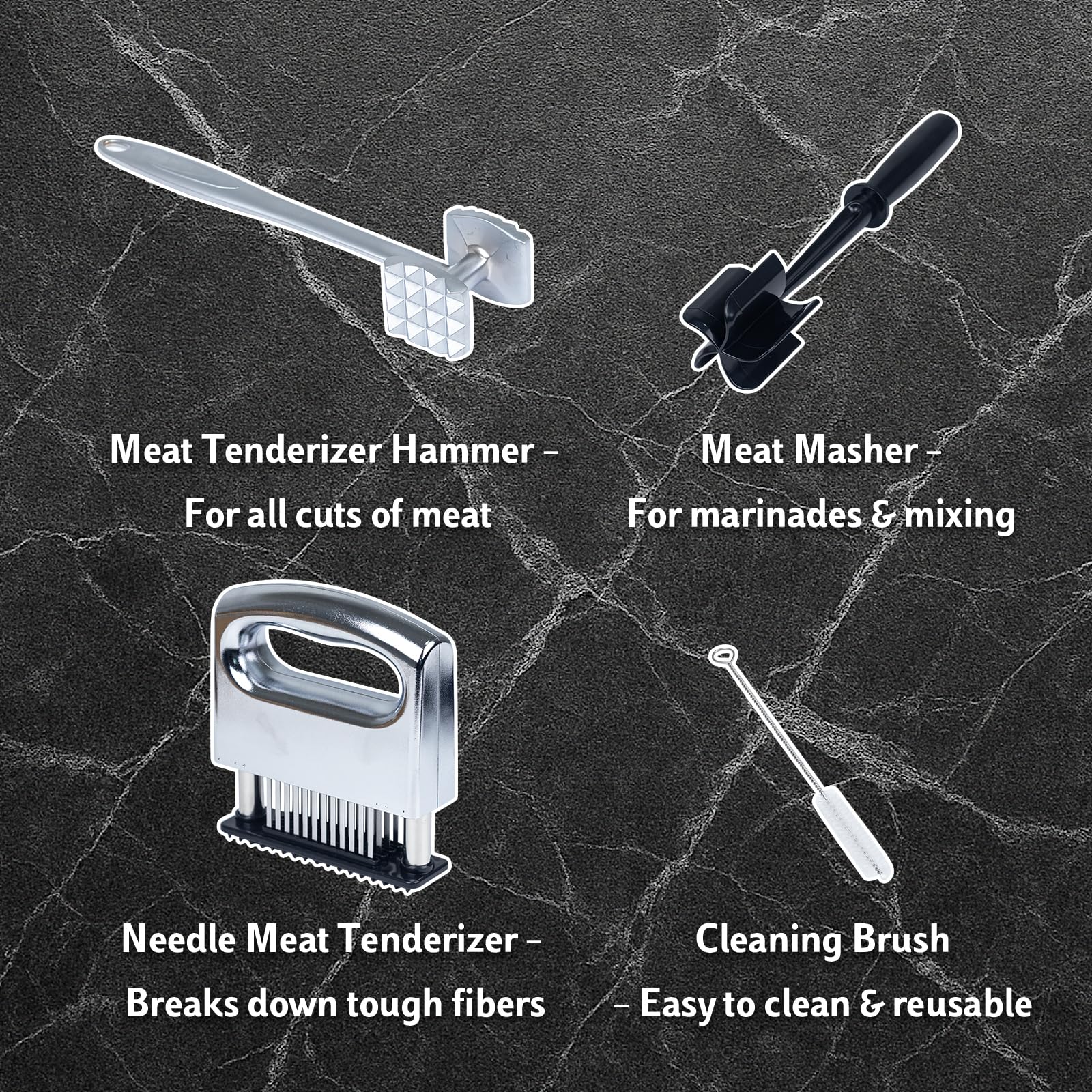 Fleischklopfer Werkzeug-Set – inklusive strukturiertem Fleischklopfer Hammer, Edelstahl-Nadelklopfer, ABS-Rührstab und Reinigungsbürste – 4-teiliges robustes Küchenzubehör für Steak und Huhn