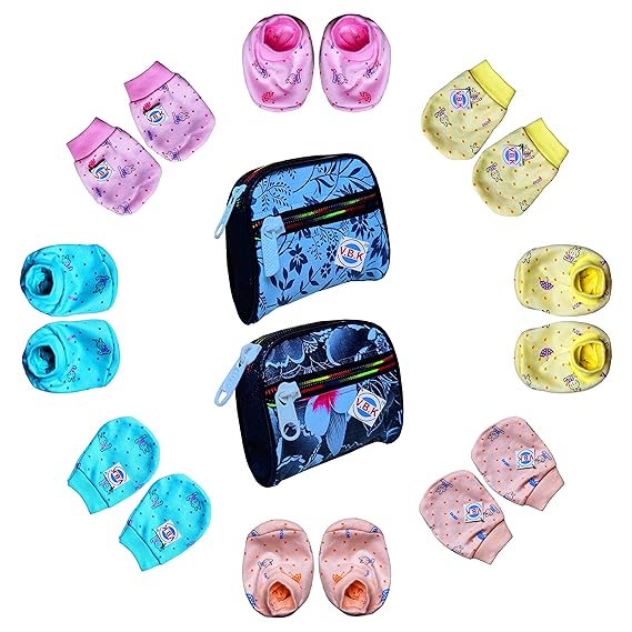 V.B.K Baby Boy and Baby Girl Mittens and Booties With Holder, 4 Pair Of Hand Mittens, 4 Pair Of Leg Booties and 2 Piece of Mitten Booties Holder, Pure Hosiery Soft Fabric, 0 to 6 Months