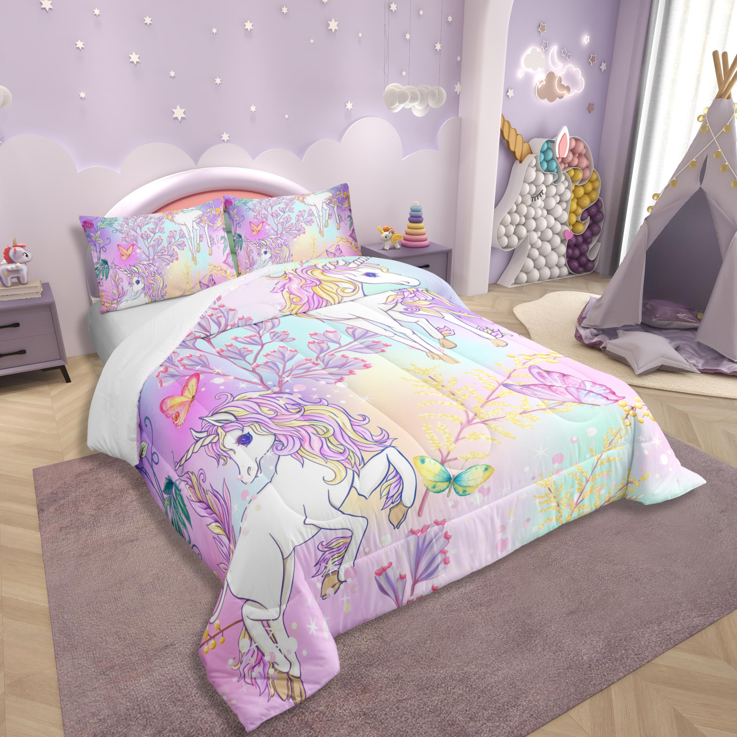 Erosebridal Rainbow Unicorn Bedding Queen Ombre Purple Unicorn Comforter Set Unicorn Bedroom Decor for Girls Kids Cartoon Kawaii Duvet Set Romantic Elegant Butterfly Botanical Leaves Quilt 3Pcs