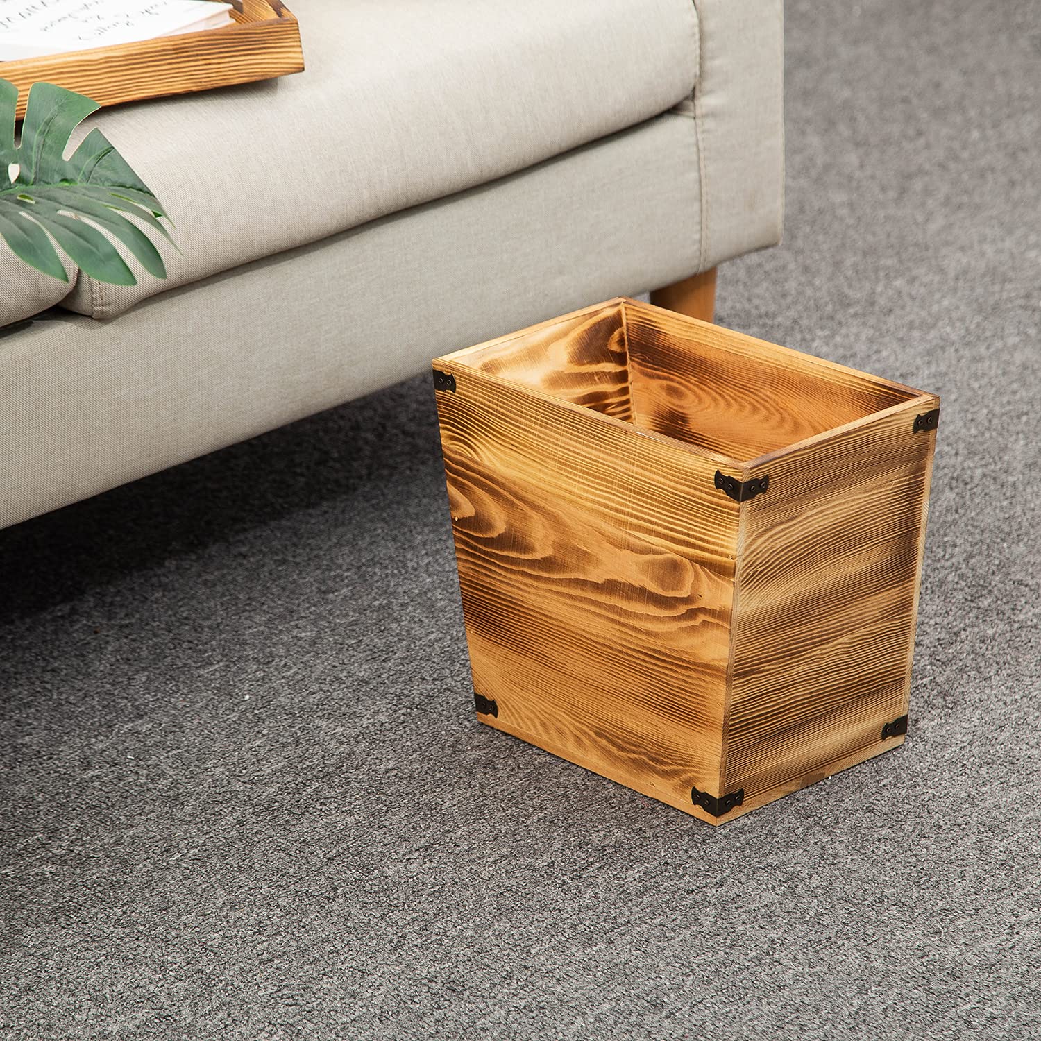 VERGOODR Grey Farmhouse Style Torched Wood Trash Can Waste Bin with Decorative Metal Brackets Trash Can for Bedroom,Living Room, Bathroom & Office (Brown)