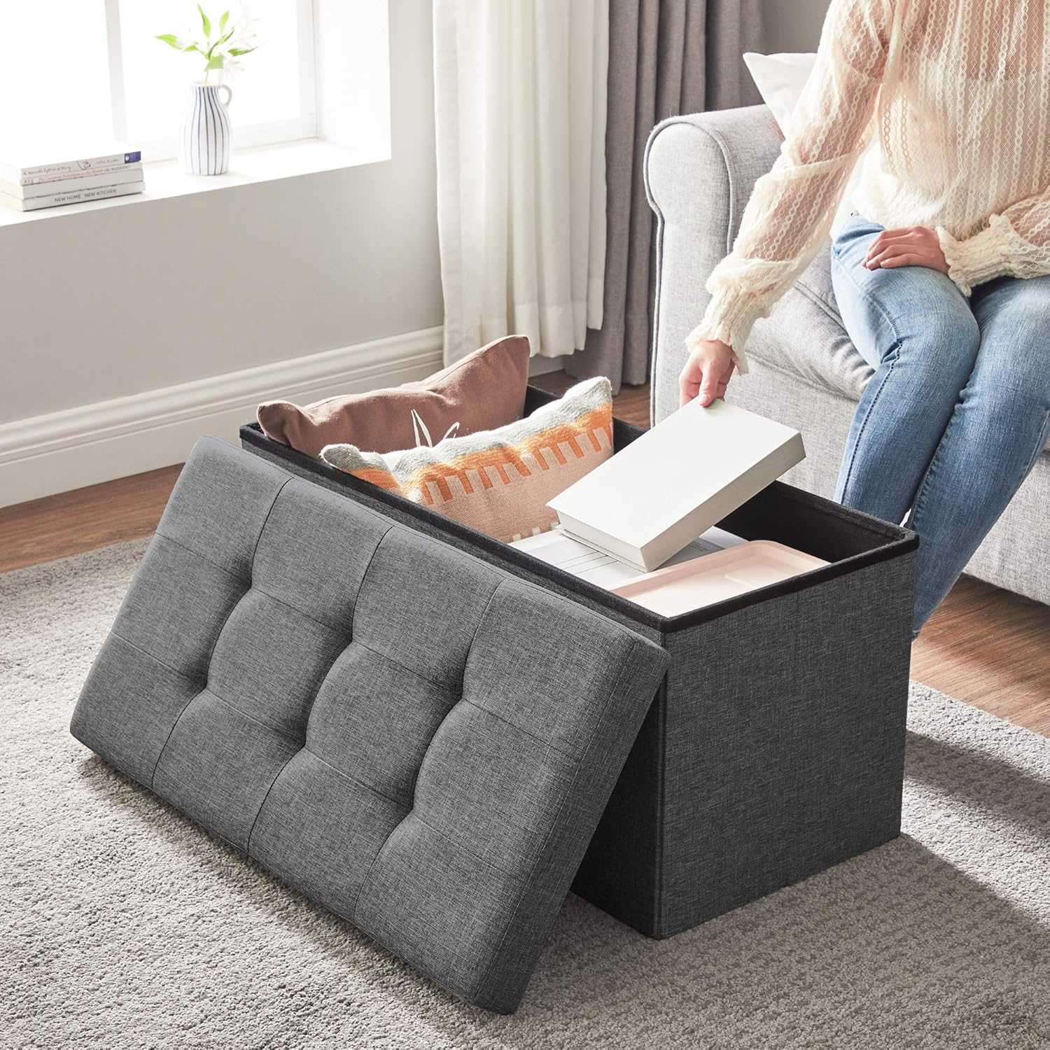 SONGMICS 30 Inches Folding Storage Ottoman Bench, Storage Chest, Foot Rest Stool, Dark Gray ULSF47K : Home & Kitchen