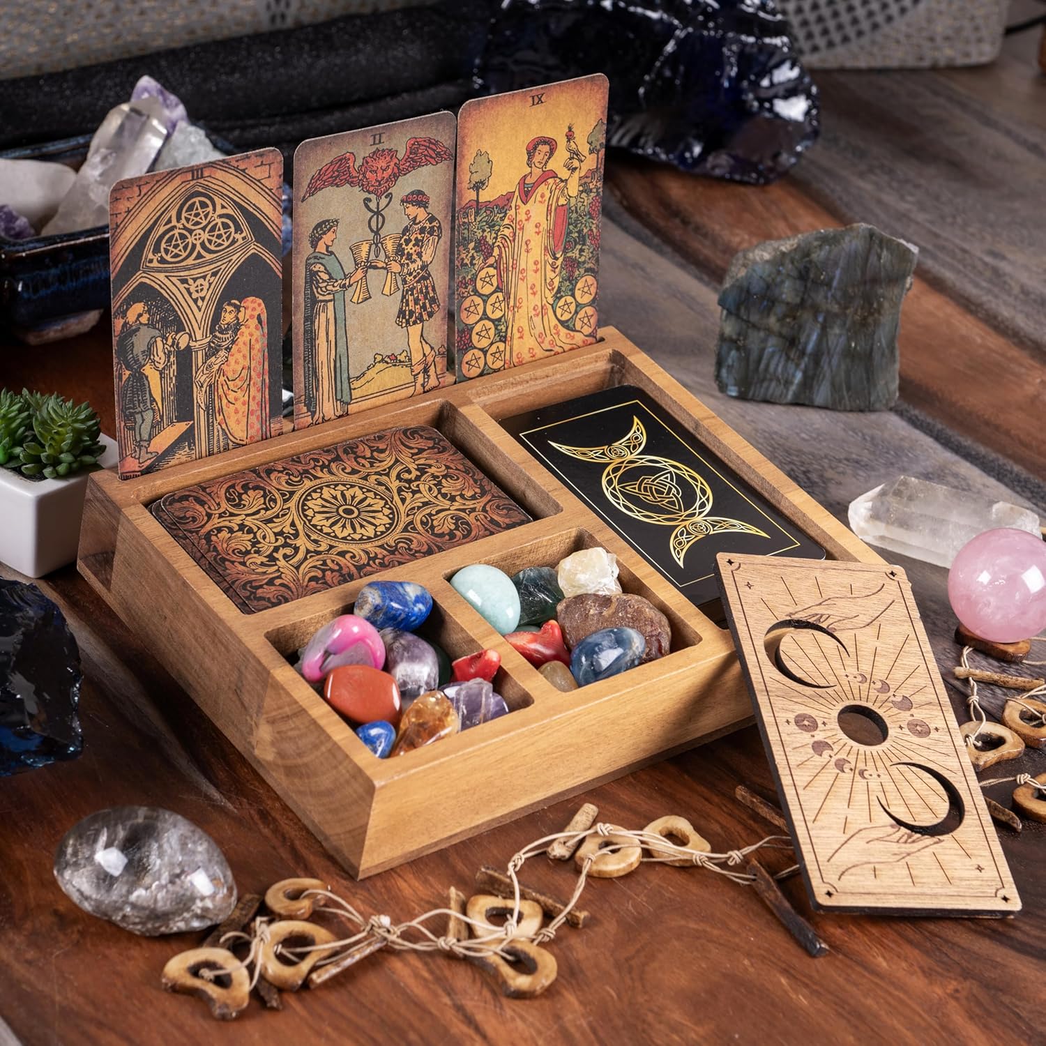 Curawood Tarot Card Holder Stand Display & Deck Box - Witchy Gifts for Women, Tarot Accessories, Wiccan Altar Supplies, Crystal Holder Tray, Witchcraft Decor - 3-Card Stand with Deeper Compartment