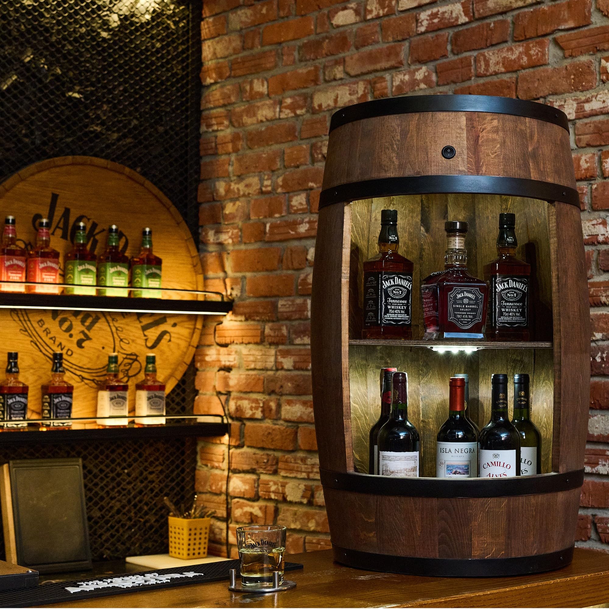 CREATIVE COOPER Fassbar LED avec Porte-Vin - Casier en Bois - Bar de Maison 80 cm - Décoration Rustique - Armoire à Vin - Baril de Bar à Whisky - Tonneau de Bière (Wengé)