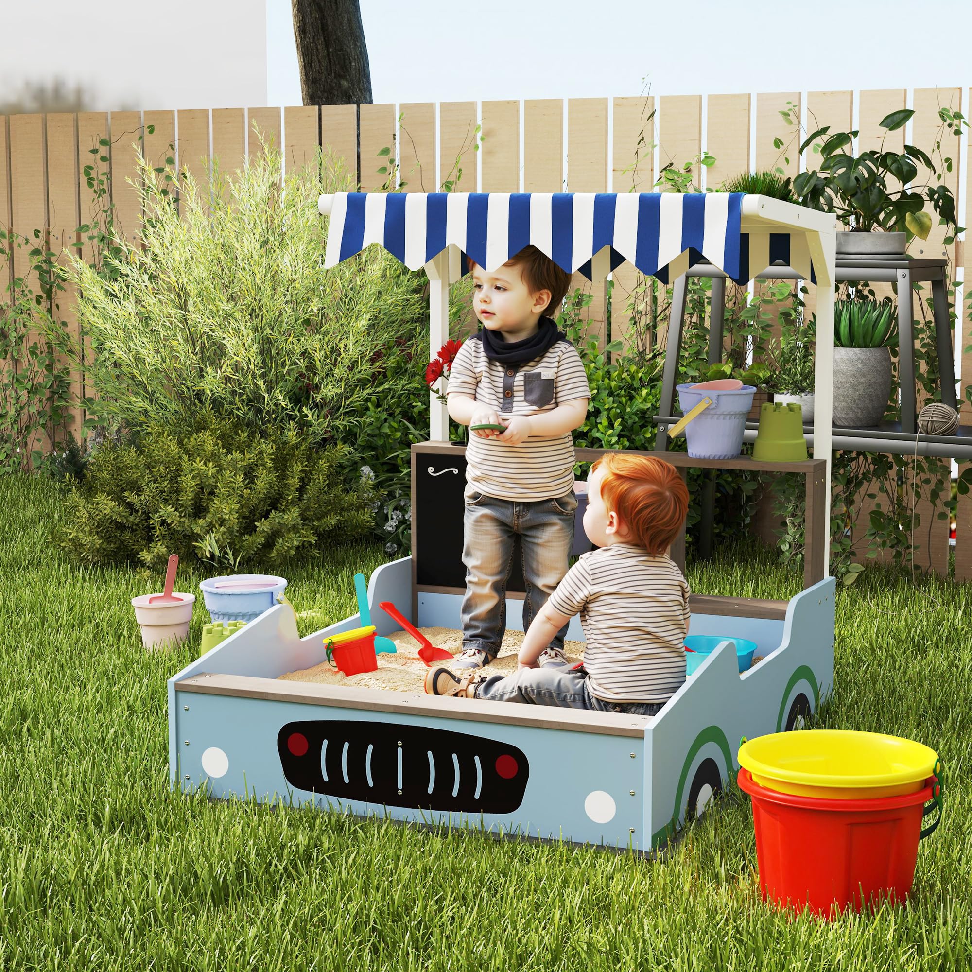 AIYAPLAY Sandkasten mit Abdeckung 90 x 120 cm aus Massivholz Imprägniert Kinder Sandbox mit Sitzbänken Zeichentafel, Pflanzkästen, Matschküche, Sandkiste für Outdoor Balkon Garten