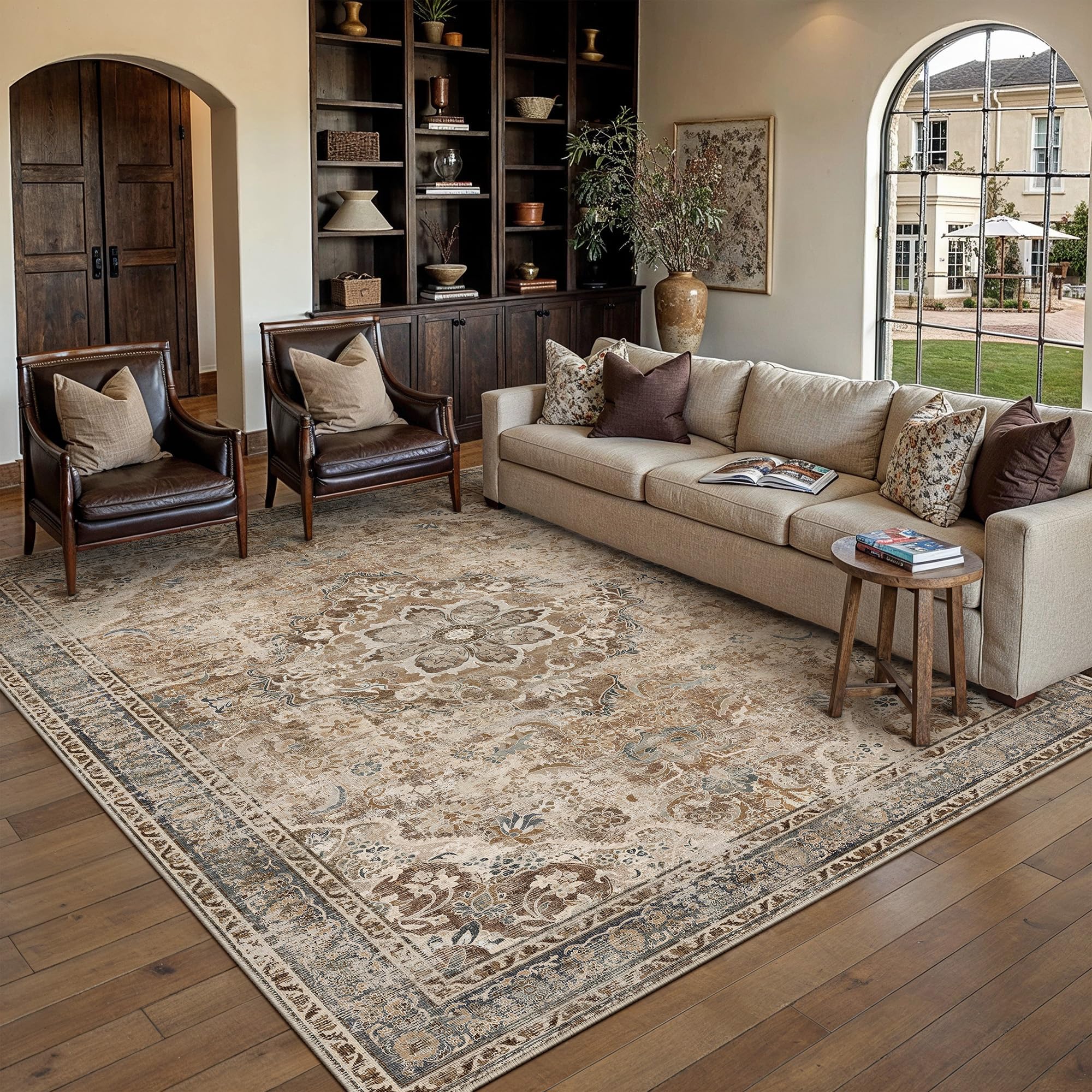 PureCozy Vintage Rugs for Living Room 160x230cm Machine Washable Non Slip Low Pile Small Carpet, Boho Brown Rugs for Bedroom Bedside Dining Room, Nursery Home Office — image 1