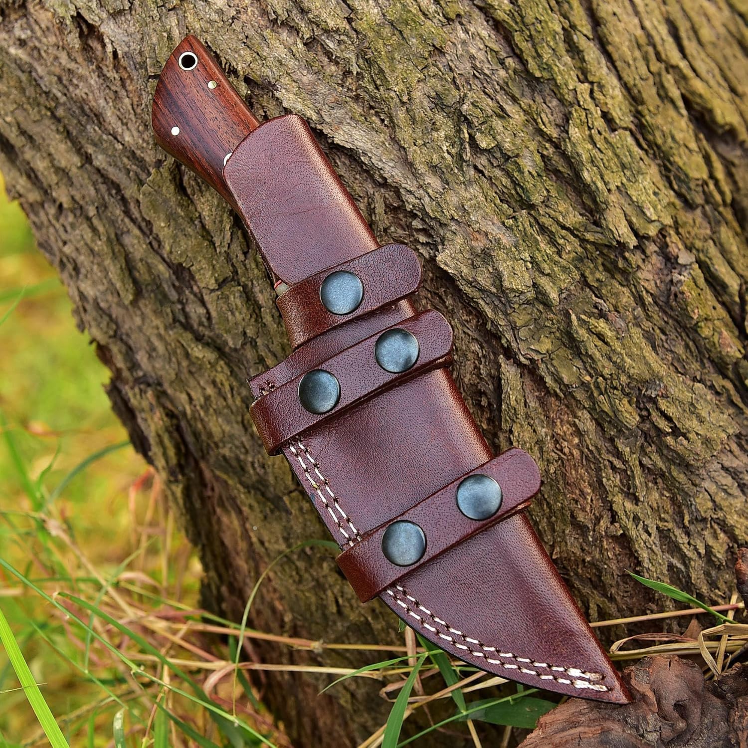 Handmade Damascus Steel Knife Hunting Fixed Blade Knife For Camping, Survival and Outdoor Activities, Overall Length 9.5" Rosewood Handle, With Leather Sheath, 291-W