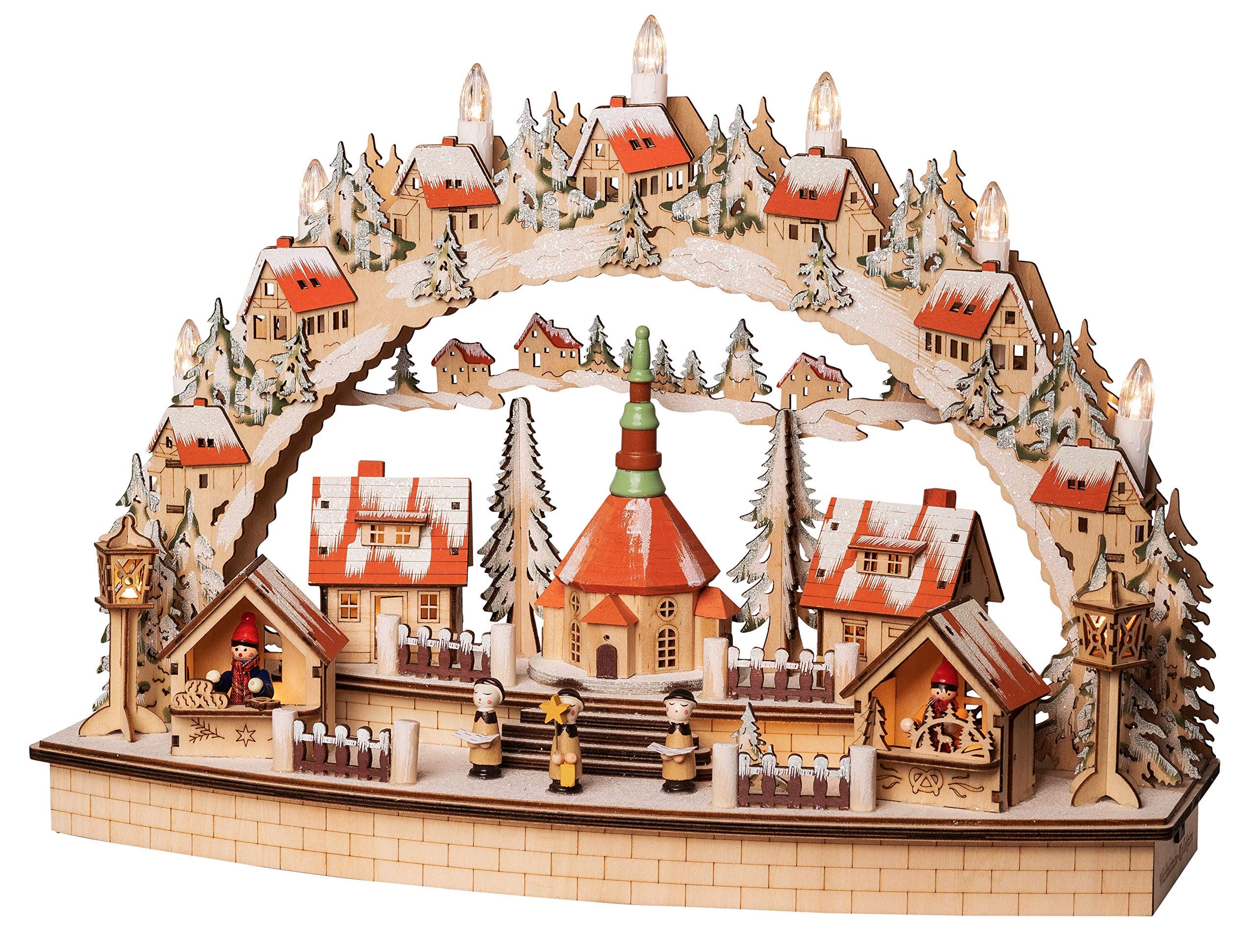 Wichtelstube-Kollektion LED Schwibbogen Seiffener Kirche, Schwippbogen Lichterbogen Echtholz Weihnachtsdeko Fensterbank, Batteriebetrieben inkl. Timer