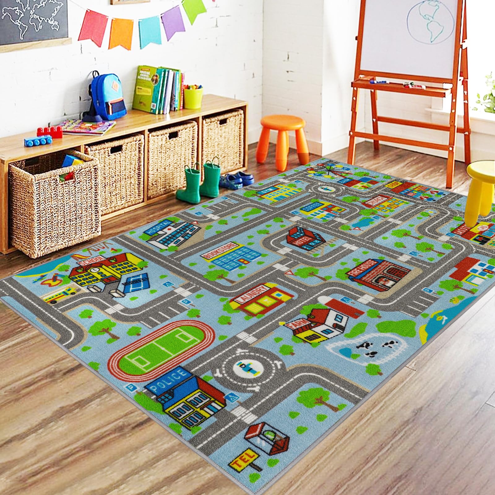 Capslpad Sky Blue Car Road Kid Rug Carpet Playmat for Playoom Traffic Road Kids Play Mat for Toddler Non Slip Washable City Map Race Track Carpet Rug