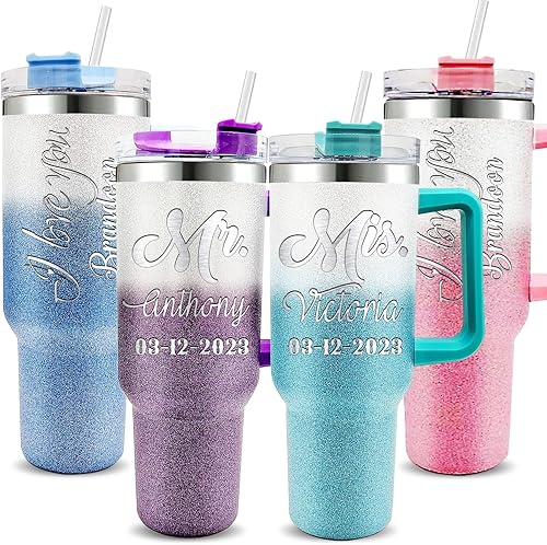 Vaso personalizado de 40 onzas con nombre y texto grabado, taza de café de viaje personalizada para mamá con asa, popote y tapa, regalo