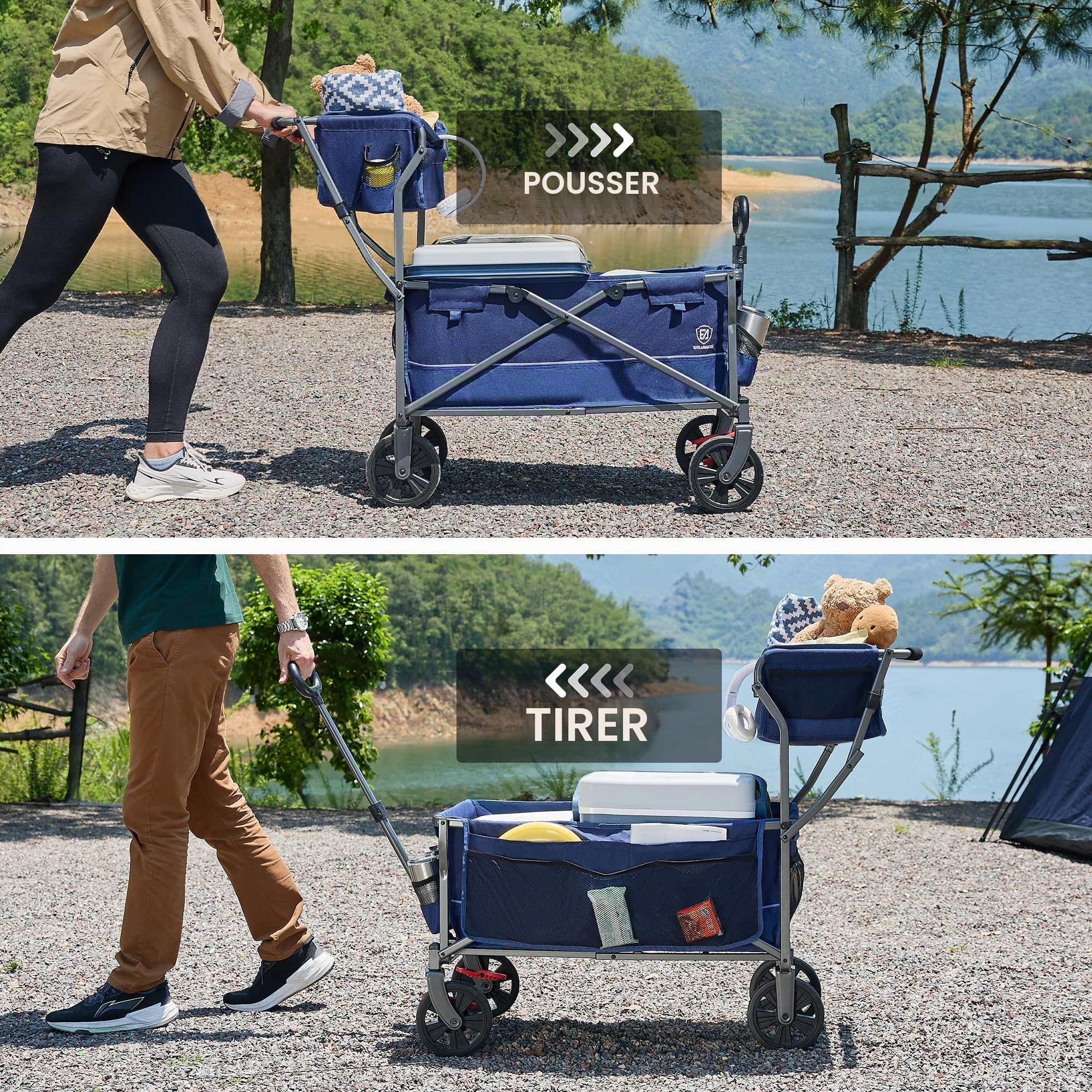 EVER ADVANCED Chariot de Transport Pliable Pousser&Tirer avec Frein, Panier à provisions, Porte-gobelets, Poche latérale, Chariot de Plage jusqu'à 100kg pour Camping, Plage, Courses