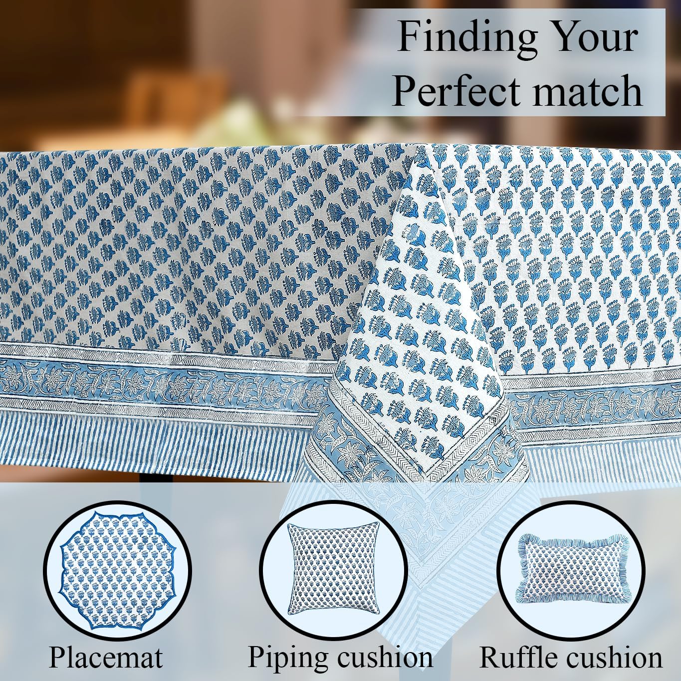 CPC Tablecloth 100% Cotton 60x60 Inch Indian Block Print Square Table Cover, Table Cloth for Weddings, Spring/Summer, Barbeque - Apatite Blue - Image 8