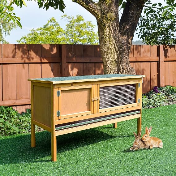 pawhut Wooden Rabbit Hutch Bunny Cage Outdoor Small Animal House w/Hinged Top Slide out Tray 115 x 44.3 x 65 cm