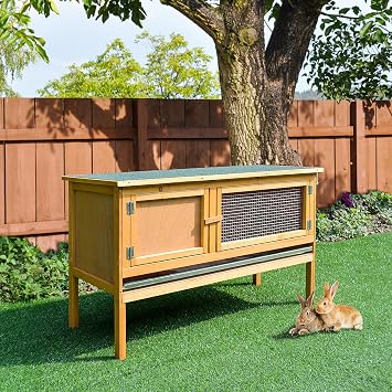 pawhut Wooden Rabbit Hutch Bunny Cage Outdoor Small Animal House w/Hinged Top Slide out Tray 115 x 44.3 x 65 cm