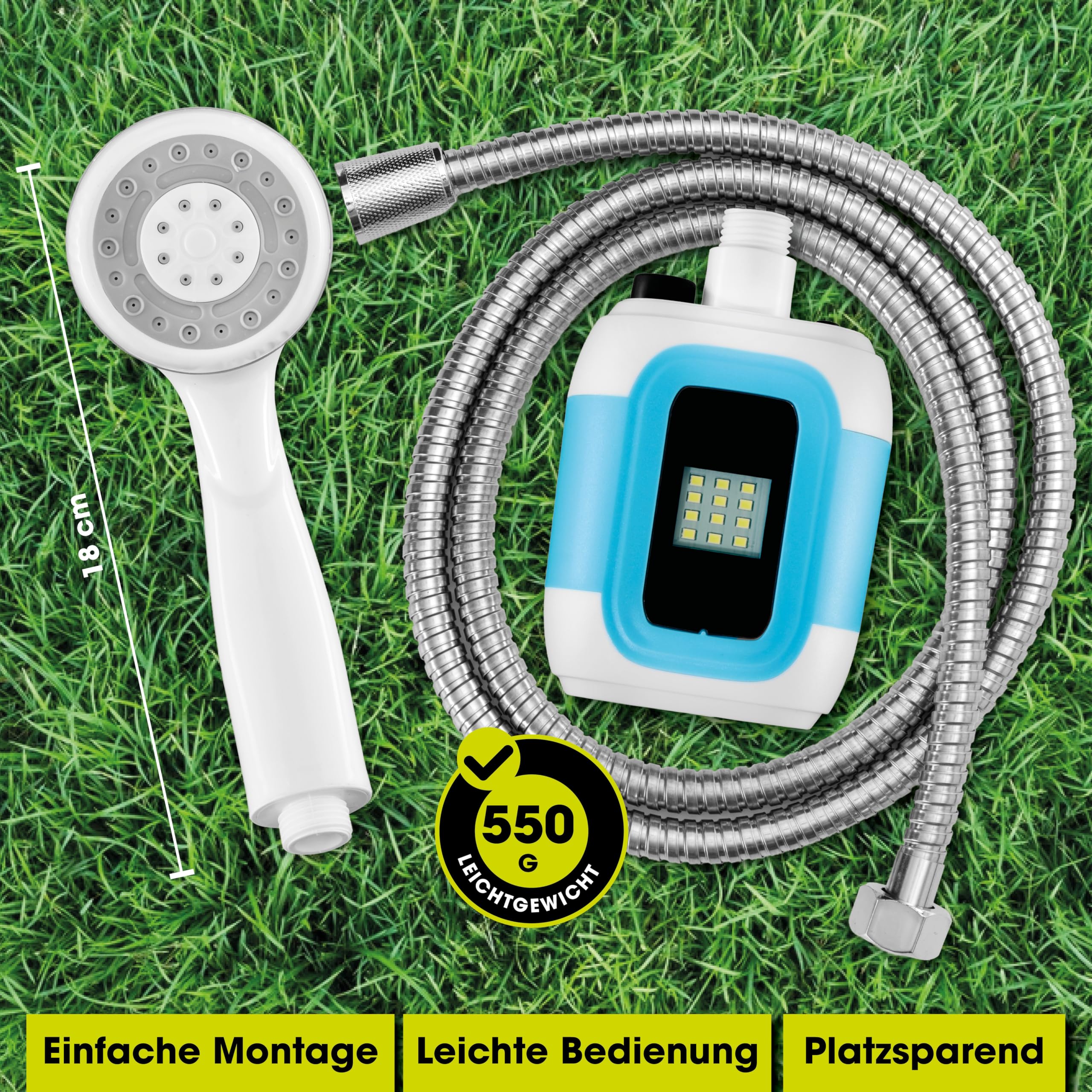 EASYmaxx Campingdusche mit Akku | 2in1: Mobile Outdoor Dusche und Bewässerungsbrause | Camping Dusche mit Pumpe inkl. Ansaugfunktion | kabellose und tragbare Dusche | elektrische Dusche mit LED-Licht