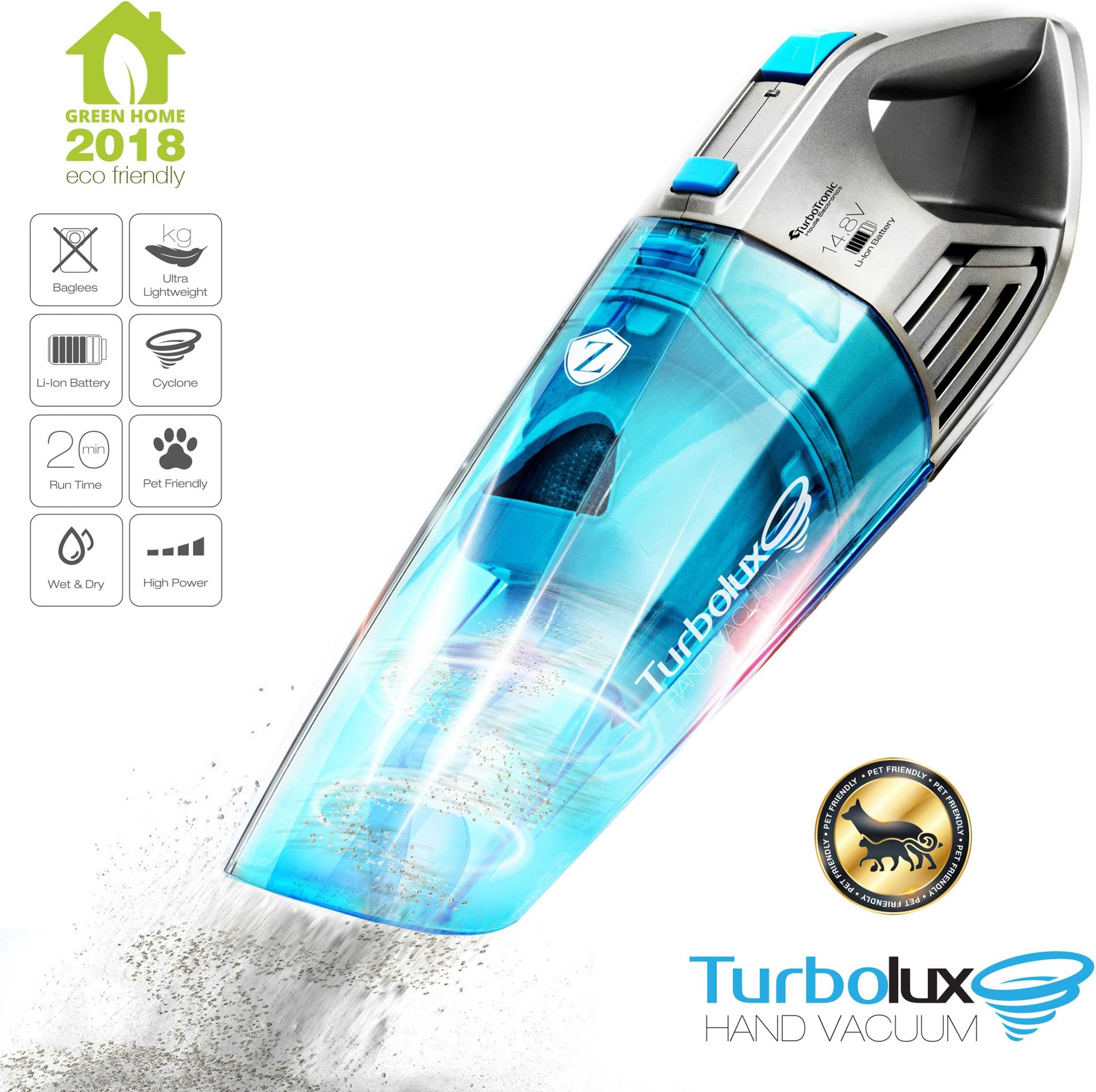14.8V Handheld Vacuum, 6.3 kPa Strong cyclonic Suction Power, 2in1 Wet & Dry, Rechargeable, Quick-Charge, TurboTronic