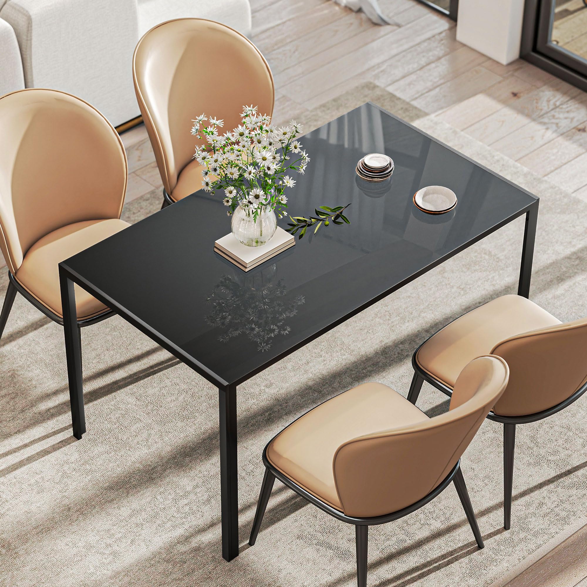 HOMCOM Tavolo da pranzo in vetro, tavolo rettangolare per 6 persone con gambe in metallo, per cucina, soggiorno, 140 x 80 x 75 cm, nero