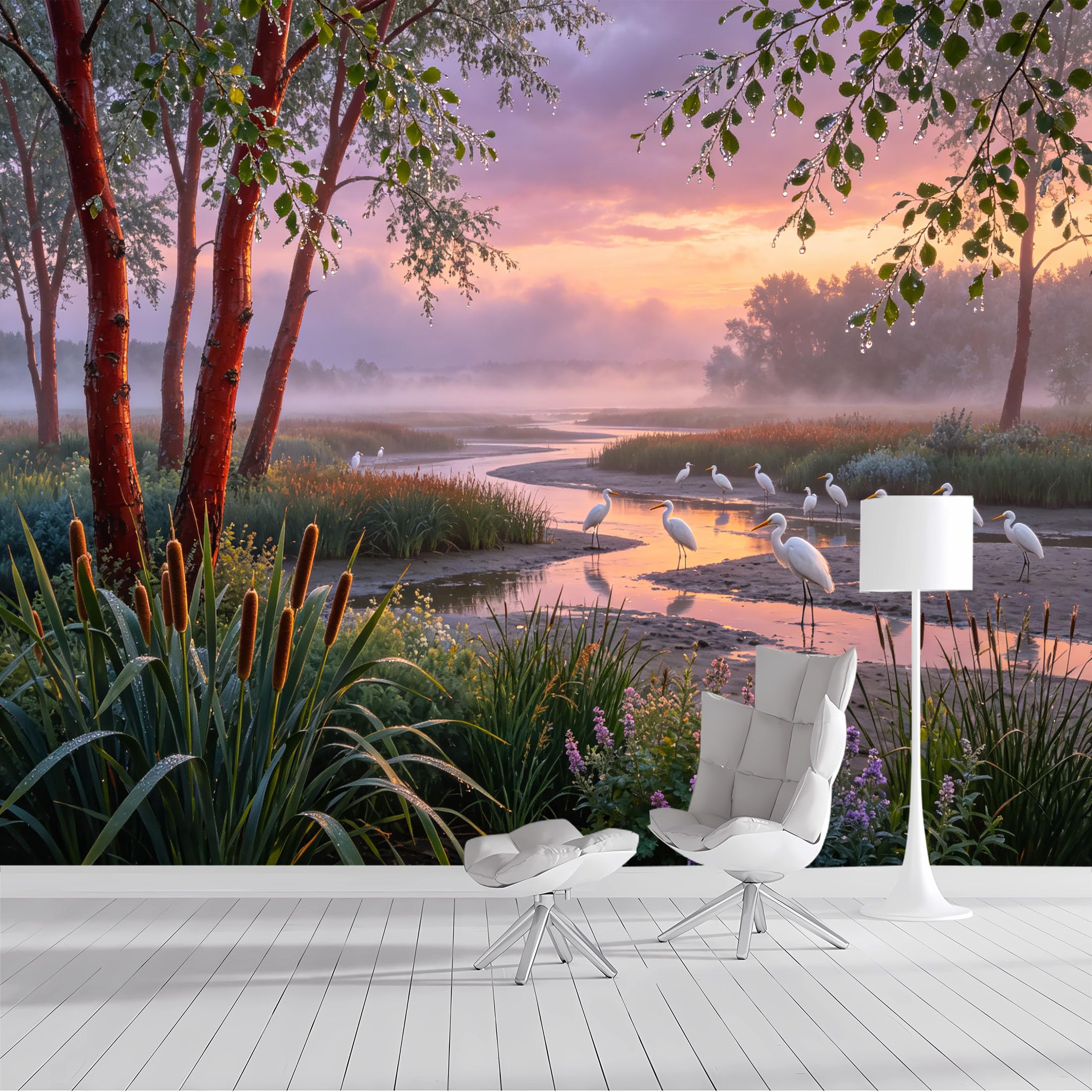 Custom Size Wall Mural Serene Riverbank Birds Dawn Watercolor Landscape SelfAdhesive Wall Fabric Removable Peel and Stick Wallpaper Wall Decor for Living Room Bedroom Bathroom