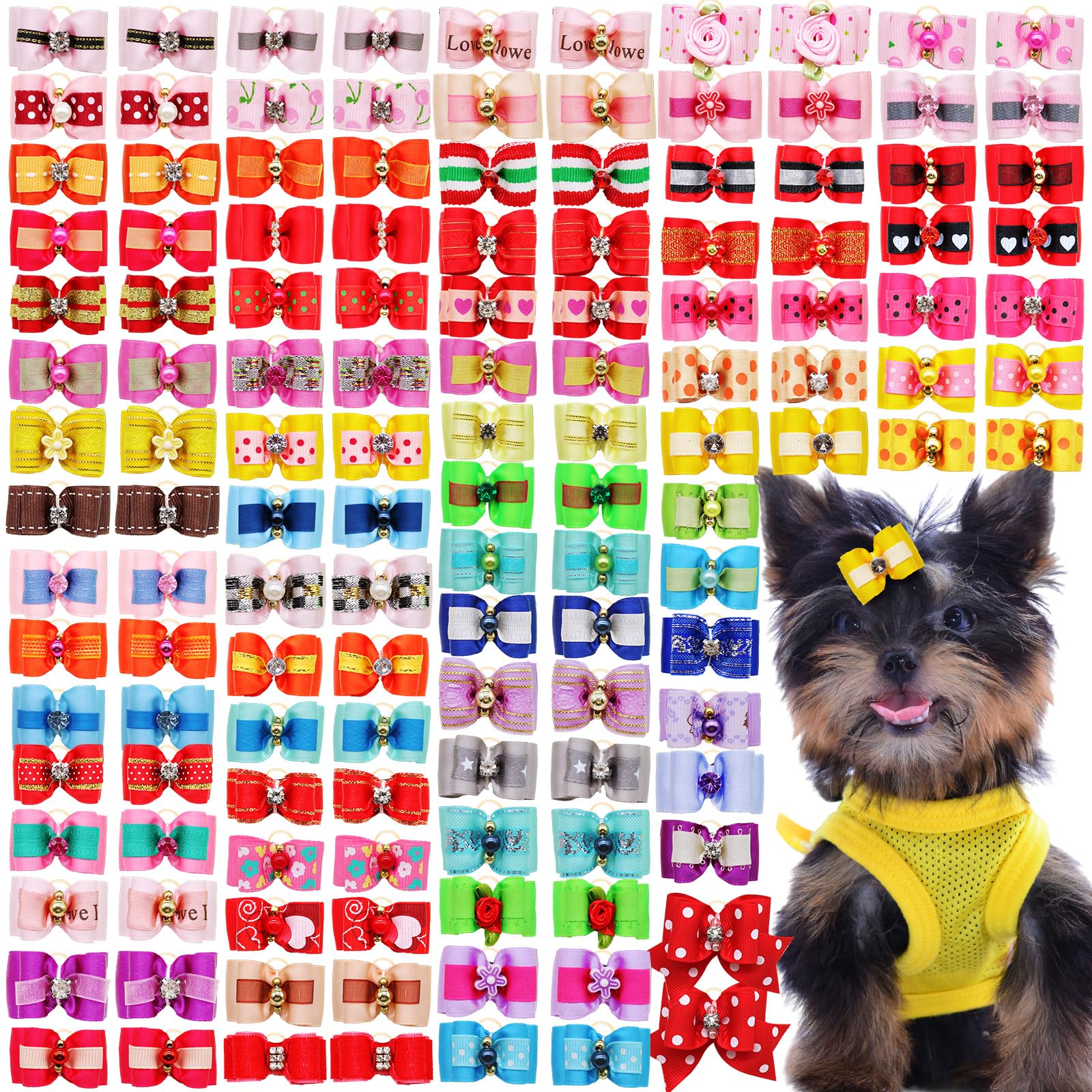 Mruq pet Cute Dog Hair Bows with Rubber Bands for Small Dogs, Bulk Pet Dog Grooming Bowknot with Rhinestone Pearl, Mix Handmade Puppy Yorkie Dog Bows