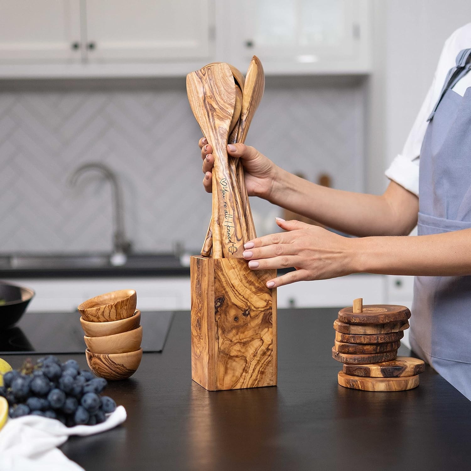 Forest Decor Olive Wood Large Utensil Holder - 6 x 4 Wooden Kitchenware Organizer - Rustic Utensil Holder - Handmade Spoons Holder for Countertop - Cooking Utensil Crock - Kitchen Tool & Accessories