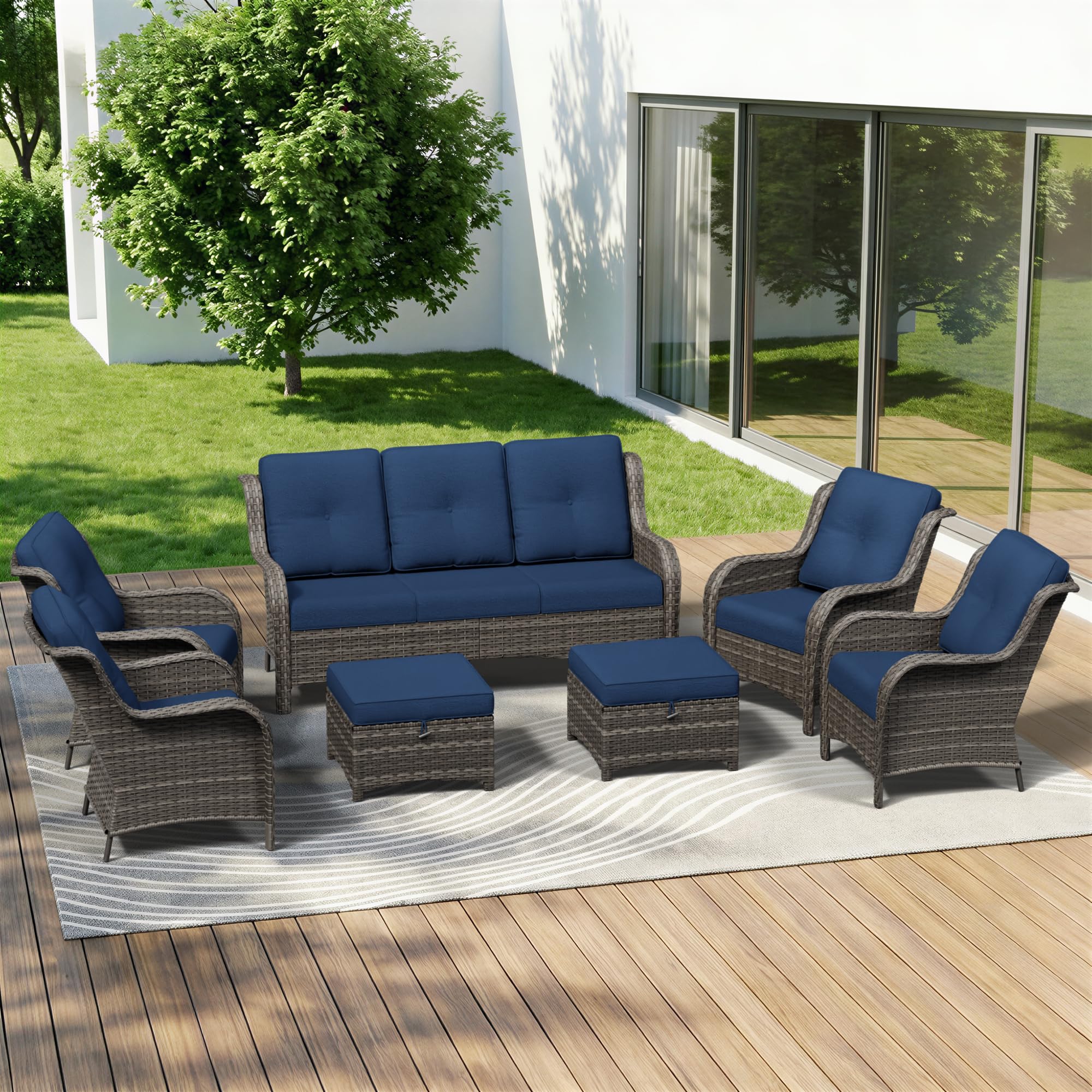 7 Piece Outdoor Wicker Patio Furniture Set, Patio Chairs Set with Thickened Olefin Cushions, High Back and Deep Seating, Hand-Woven PE Rattan, Ottoman for Porch, Deck