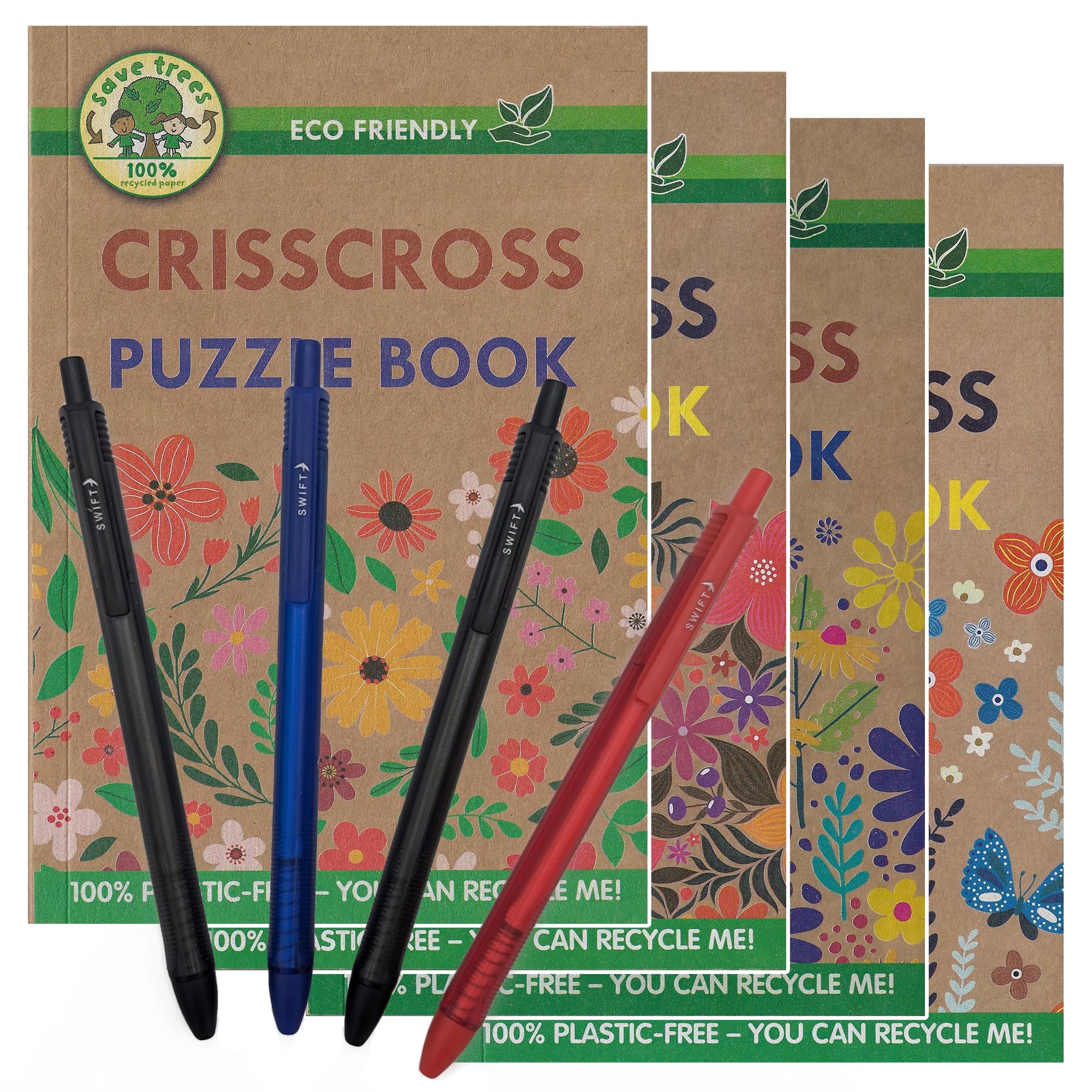 ihoot A5 Eco-Friendly Criss Cross Crossword Bundle | Puzzle Books for Adults and Teens | 4x Plastic-Free Wordsearch Books PLUS a Handy Pack of 4 Pens | Brain Teasers | 130+ Puzzles In Each