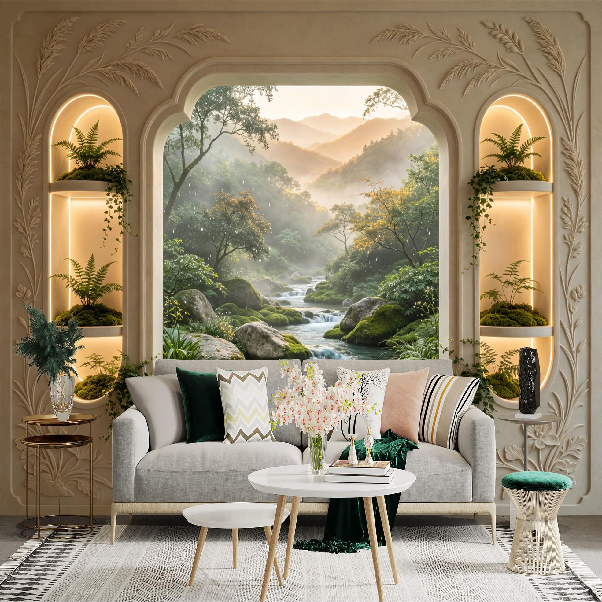 Custom Size Wall Sticker Mural， Serene Mountain River with Green Forest and Sunlight View， for wall Decoration， peelandstick wall Decals.
