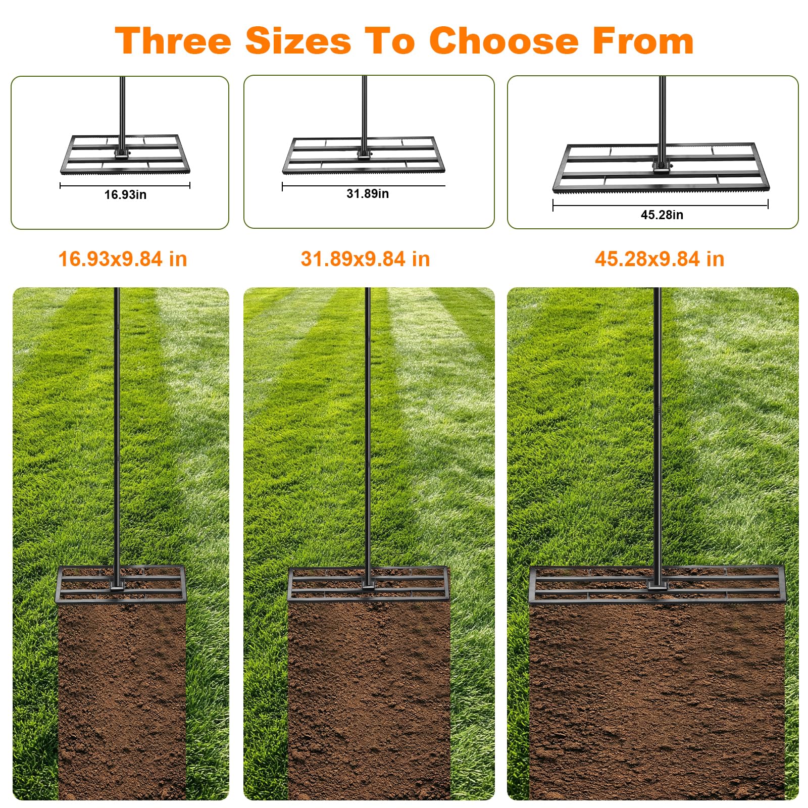 Rasen Nivellierrechen 43x25cm mit Gezahnte Seite und 199 cm Langer Griff, 2-In-1 Rasen-Nivelliergerat aus Eisen, Rasenrechen Leveling Rake für Garten/Hof/Golfplatz, Einebnen von Sand und Erde
