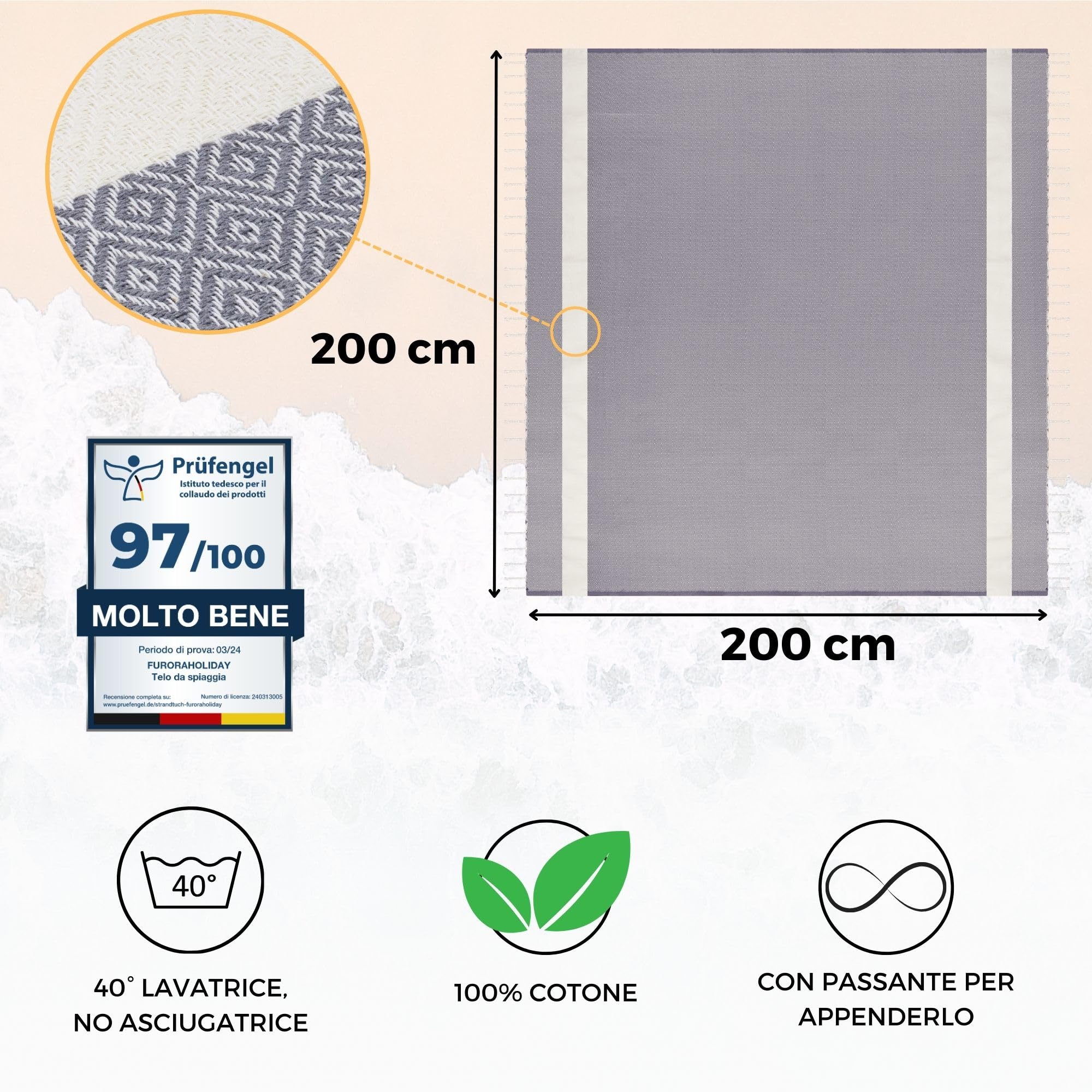 furora Holiday Telo Mare Grande Cotone 200x200 cm XXL Gigante | Telo Spiaggia antisabbia - Coperta PIC Nic - Pareo Asciugamano Mare Spugna | Fouta Beach Towel Lungo, Frange Angoli, Uomo Donna Ragazzi