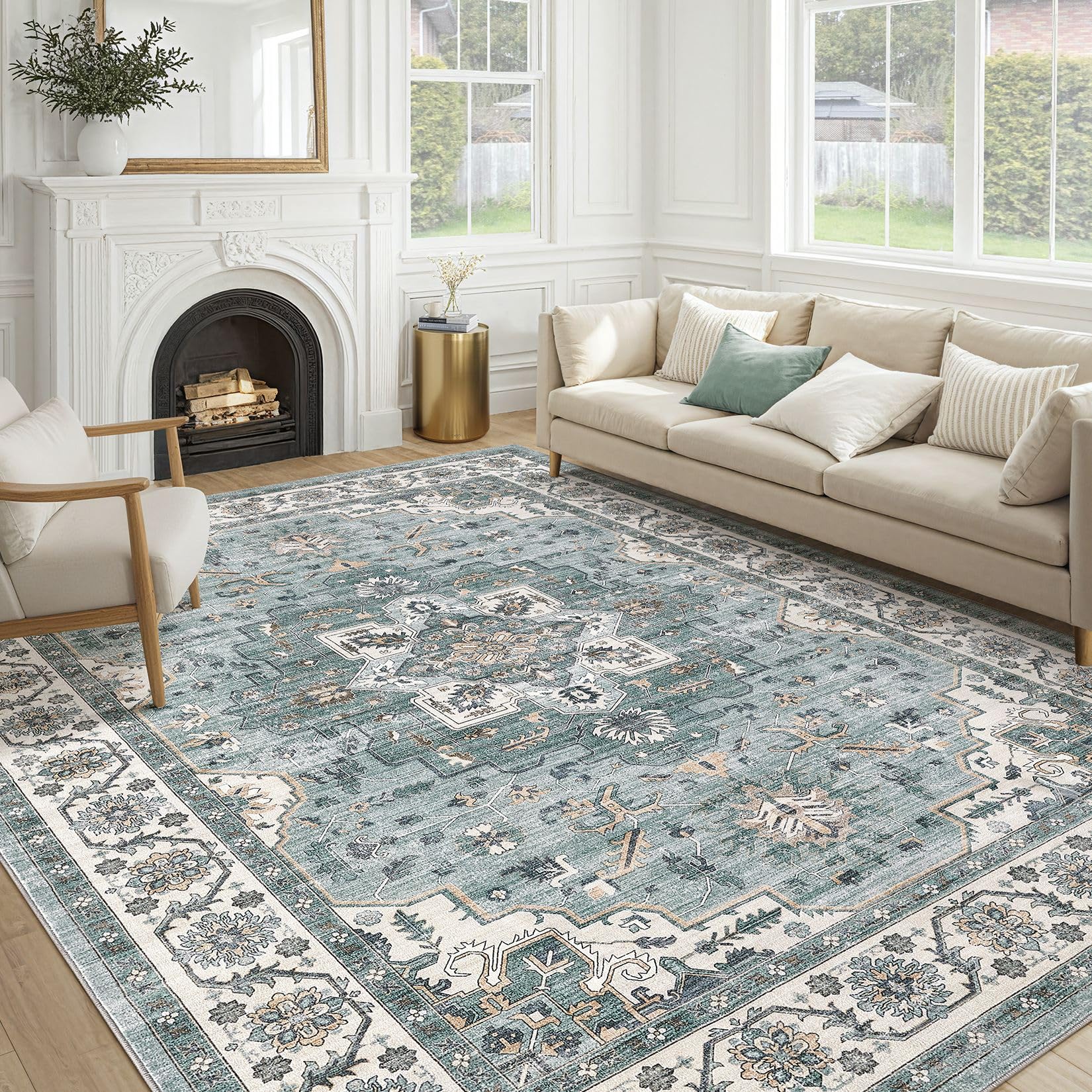 Vintage Living Room Area Rug 8x10 - Large Soft Washable Oriental Traditional Distressed Farmhouse Rugs for Bedroom - Indoor Floor Accent Carpet for Home Office House Decor - Denim Blue โ image 1