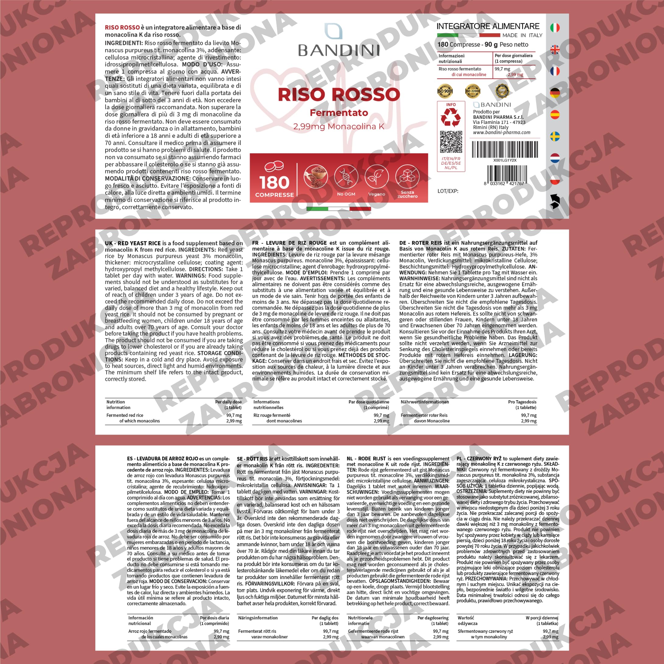 Bandini® CZERWONY RYŻ 180 tabletek - 6 MIESIĘCY kuracji - Suplement na bazie Sfermentowanego Czerwonego Ryżu - Przyczynia się do utrzymania prawidłowego poziomu cholesterolu we krwi