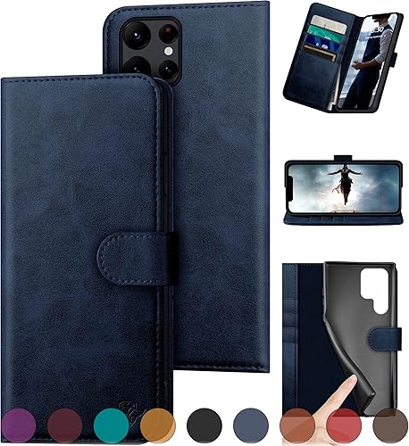 Funda tipo cartera de cuero genuino para Samsung Galaxy S22 Ultra con bloqueo RFID, 4 tarjeteros de crédito. Cuero auténtico. Funda protectora para