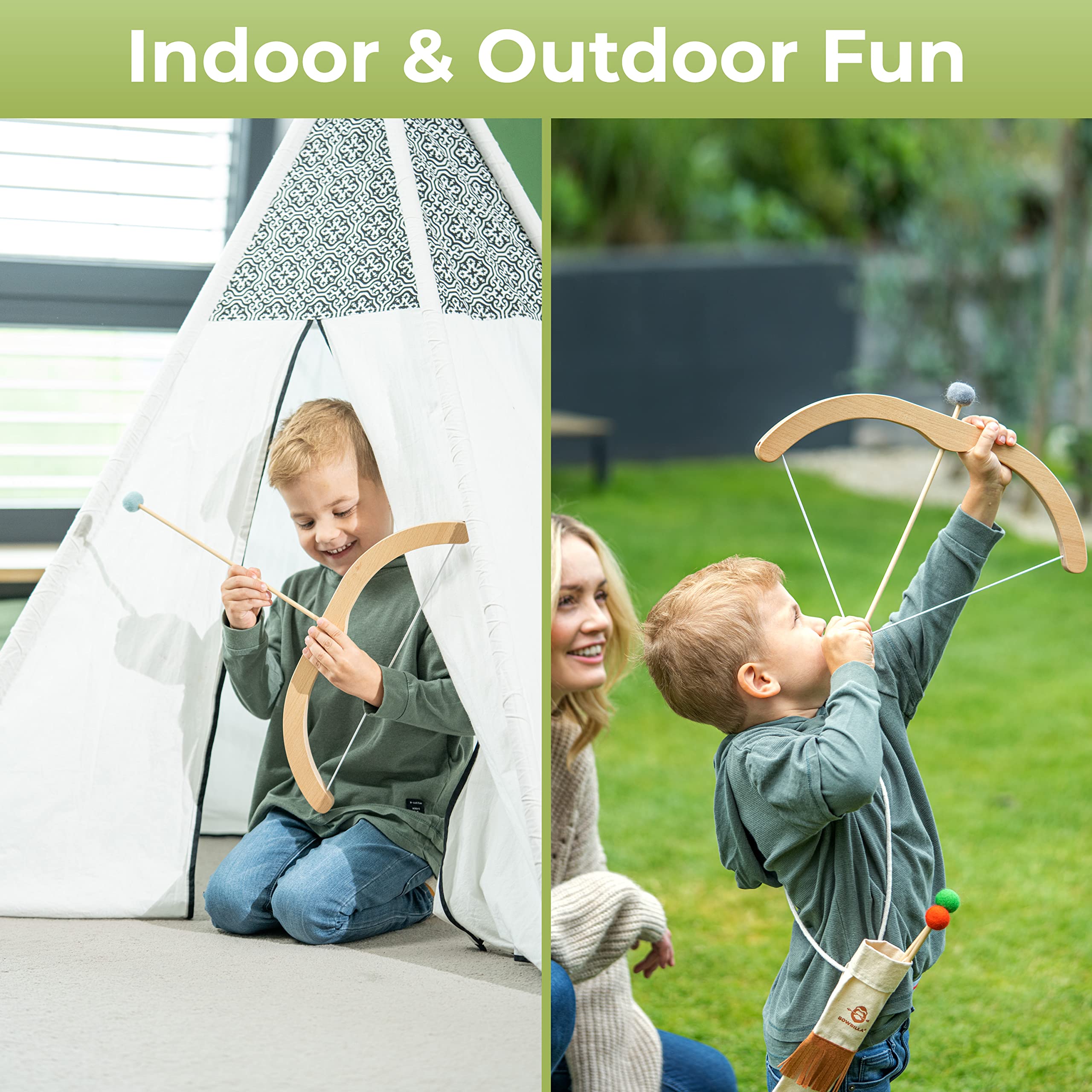 BOWRILLA ® Arco y Flecha Juguete Infantil de Madera con 5 Flechas, 4 dianas y Bolsa para Flechas | Juguete Infantil de Tiro con Arco para Interior y Exterior a Partir de 3 años | Apto para diestros y