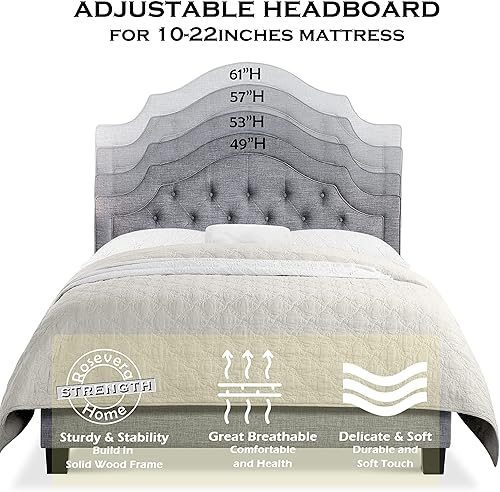 Miniatura 9 de Rosevera Jardin - Marco de cama con plataforma copetuda con botones, base de cama tapizada de tela con cabecera ajustable y soporte de listones de