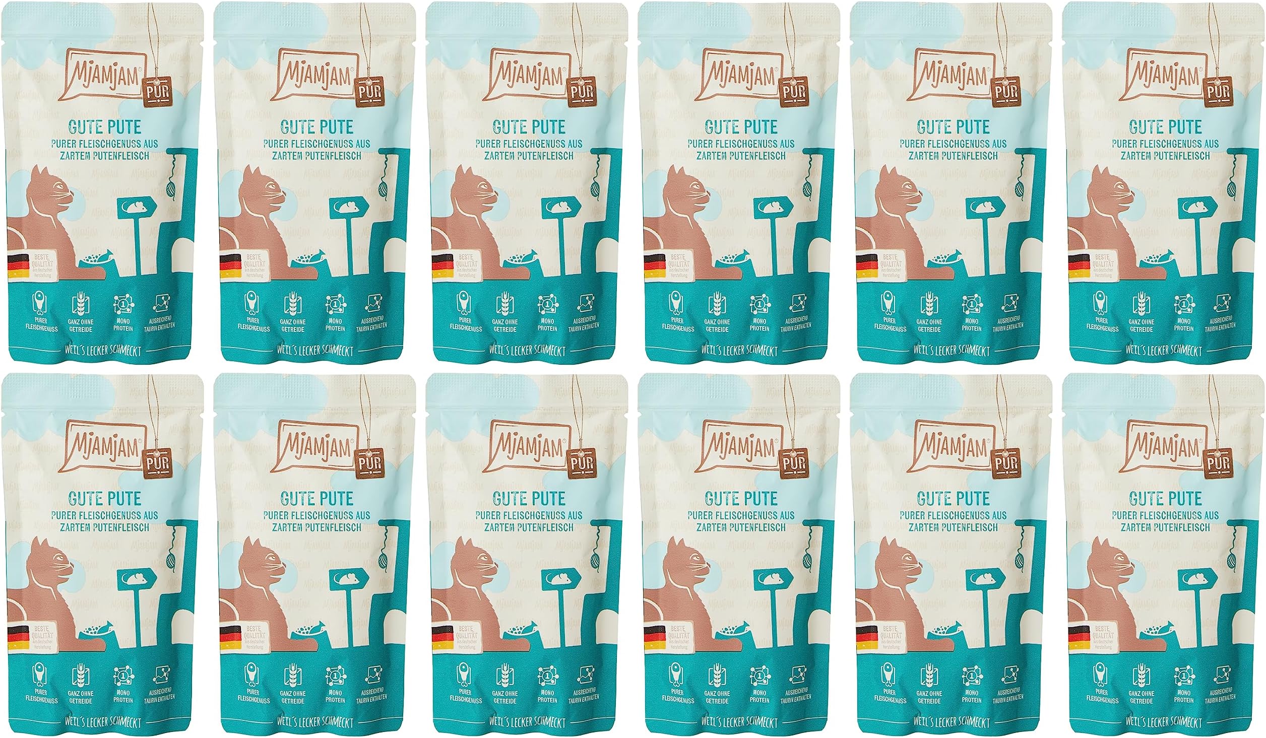 MjAMjAM - premium wet food for cats - Quetschie - pure meat enjoyment - good pure turkey, pack of 12 (12 x 125 g), grain-free with extra meat
