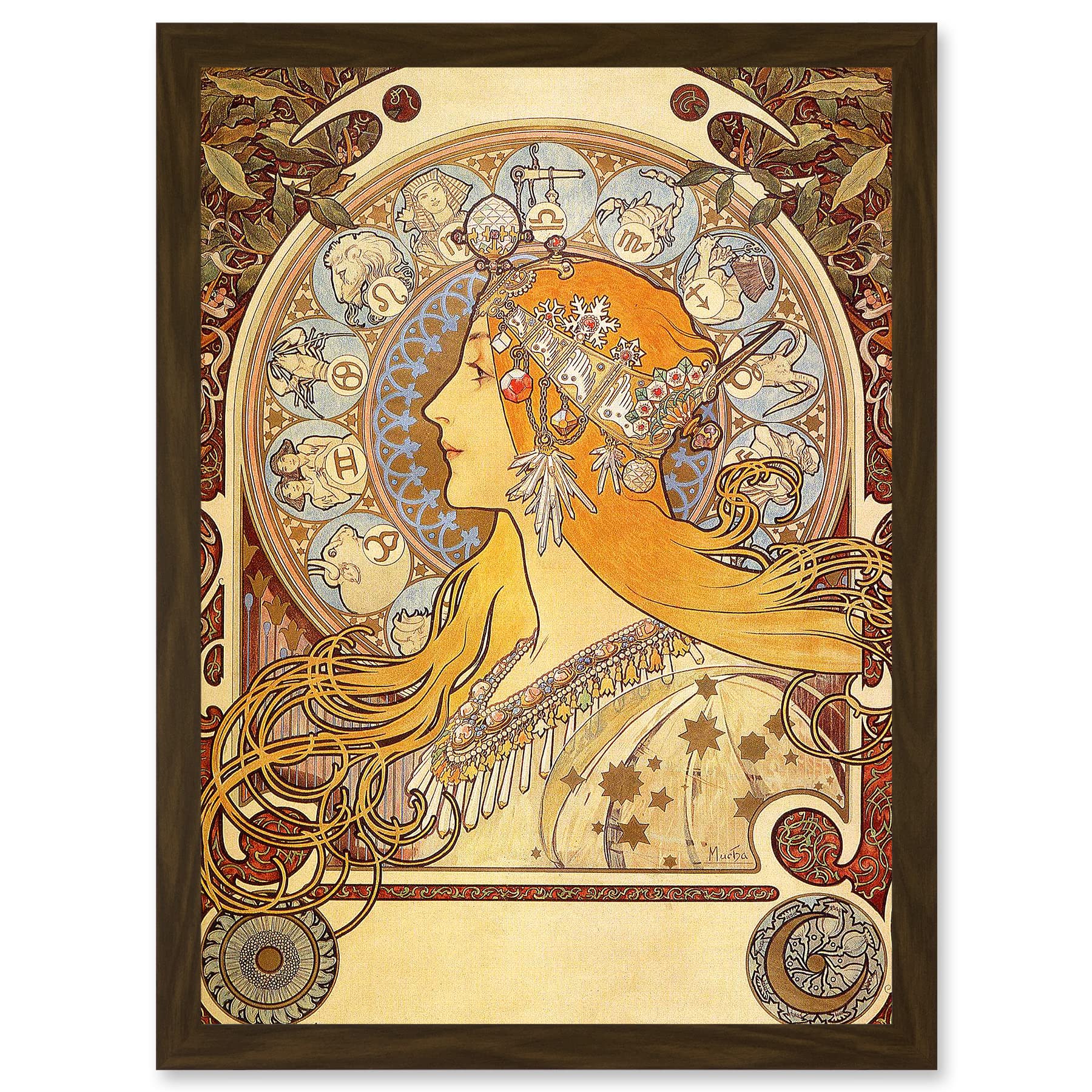 Artery8 Alphonse Mucha Zodiac 1896 Art Nouveau Orange Gold Painting A4 Artwork Framed Wall Art Print