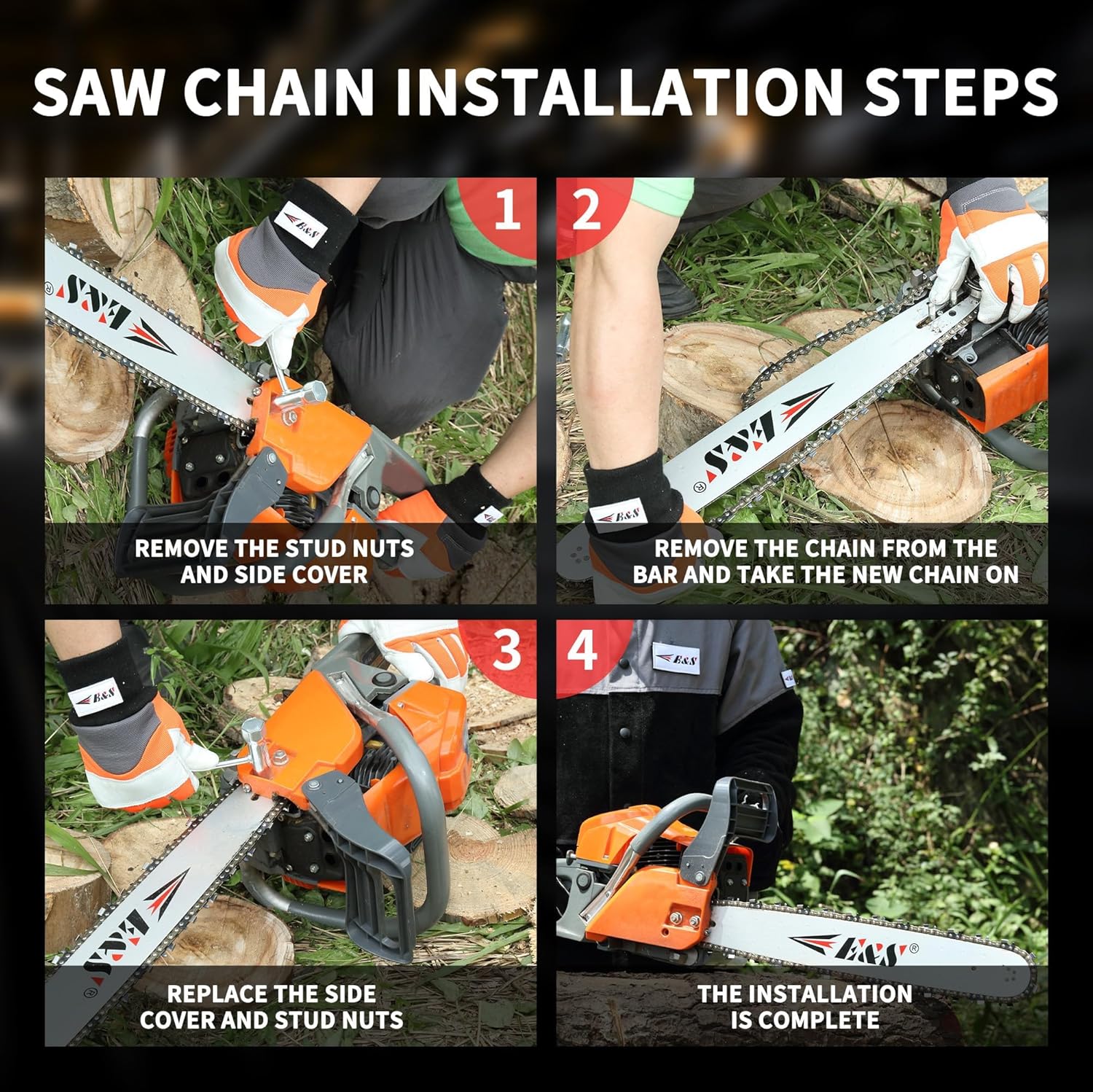 E & S 3 Pack 20 Inch Chainsaw Chain 3/8" Pitch .050" Gauge 72 Drive Links Semi-Chisel Chain Saw Chains for Husqvarna, Poulan, Craftsman, Greenworks and More Chainsaw Brands
