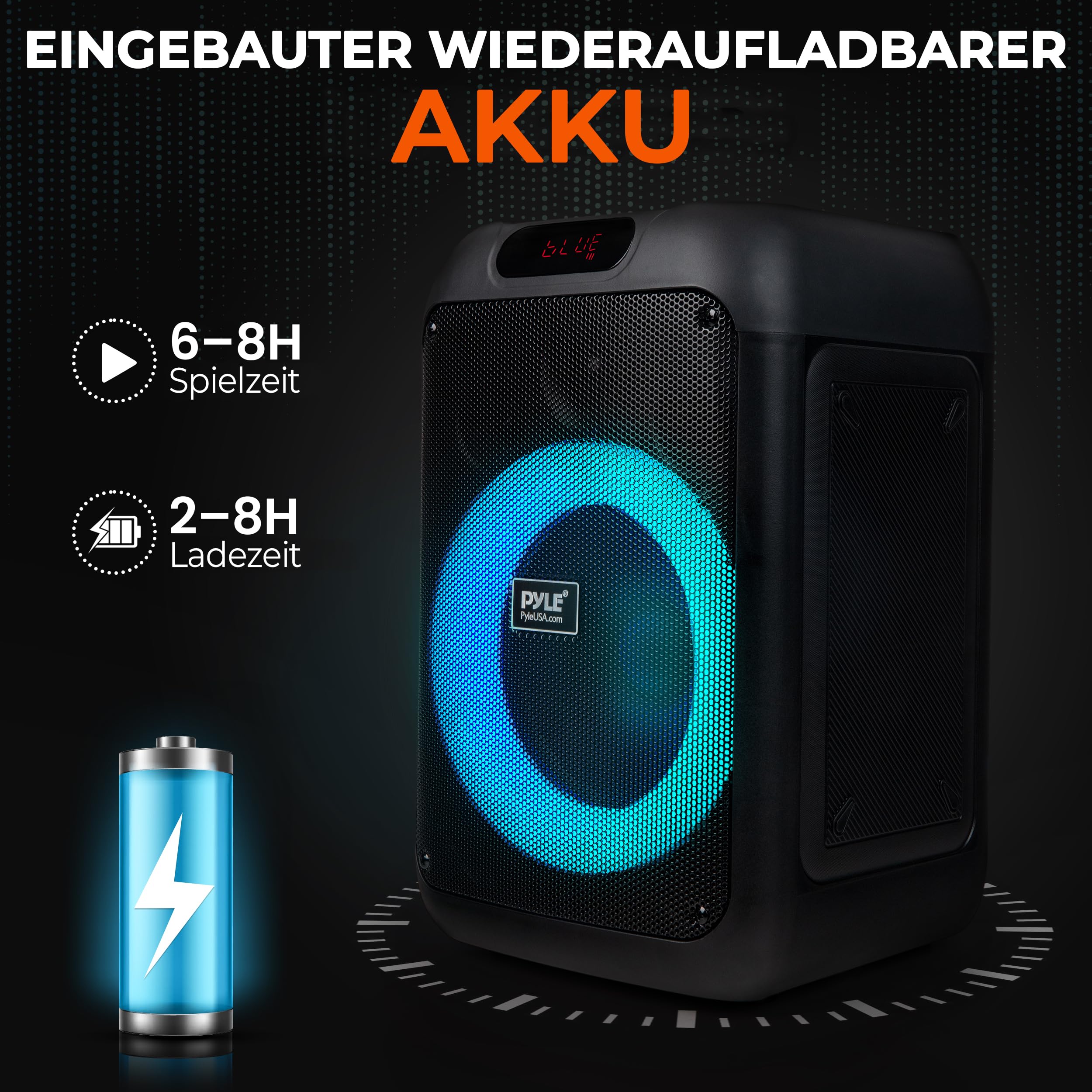 Pyle Partybox Bluetooth Lautsprecher Groß – 100W, LED-Lichtshow, Kräftiger Bass, EQ, TF, AUX, mit Fernbedienung & Tasche, Schnellaufladung, Ideal für Party & Feste
