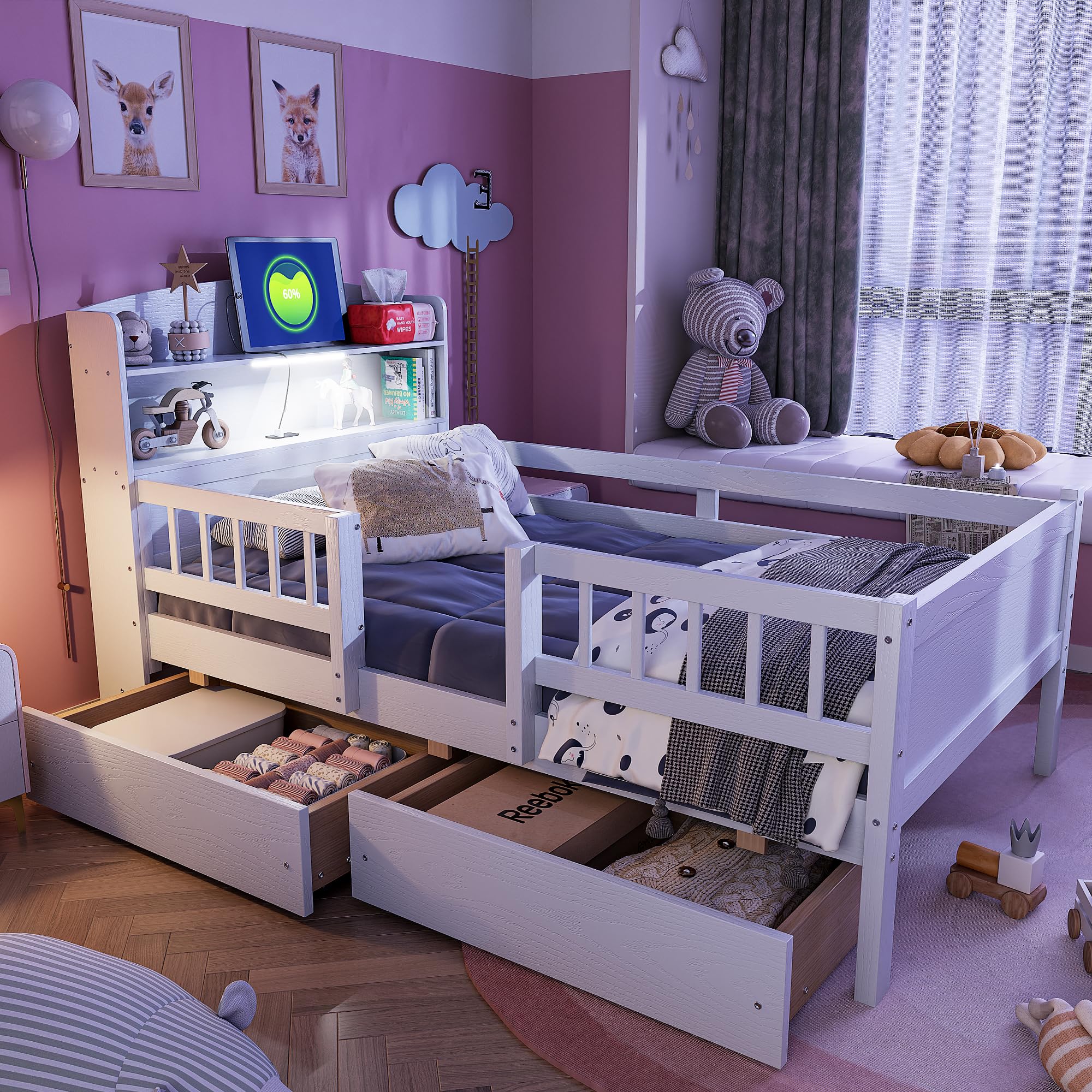 Wood Twin Bed with Built-in LED Light, Multi-Functional Headboard, Guardrail and 2 Drawers, Twin Bed Frame for Kids, Teens, Boys, Girls, No Box Spring Required, Easy Assembly (White)