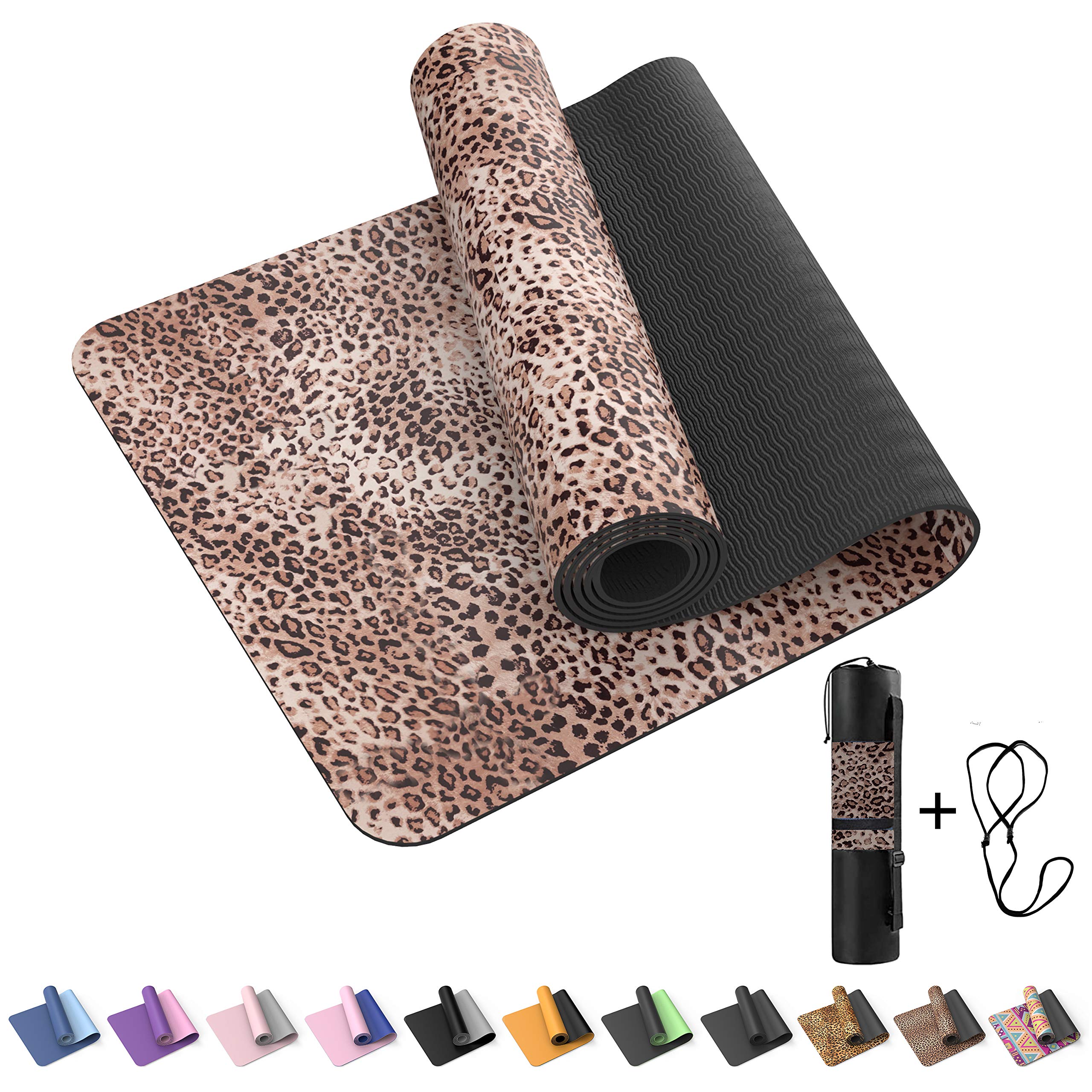 Light Leopard Yoga Mat,1/4 TPE Fitness Exercise Mat Non-Slip Thick Yoga mats for Women Workout Exercise Mat, Eco Friendly Yoga Pilates mat with Carrying Strap & Storage Bag (Light Leopard)