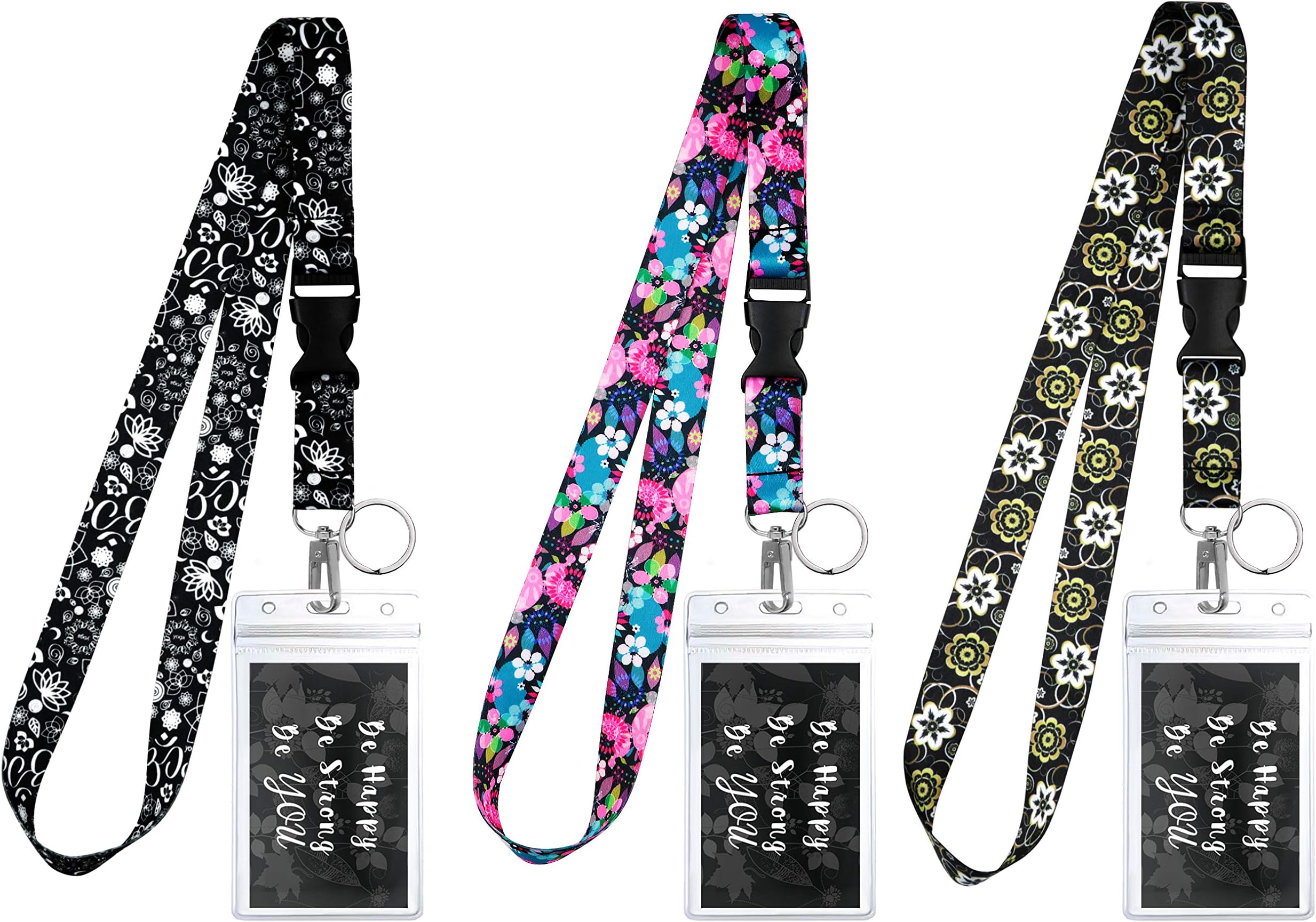 3-Pack Assorted Designs Lanyards with ID Holder & Key Ring for Keys, Cruise Ship Card, Teachers, Nurses. Waterproof Clear ID Badge Case. Essential Cruise Ship & Work Accessories. Floral Classics