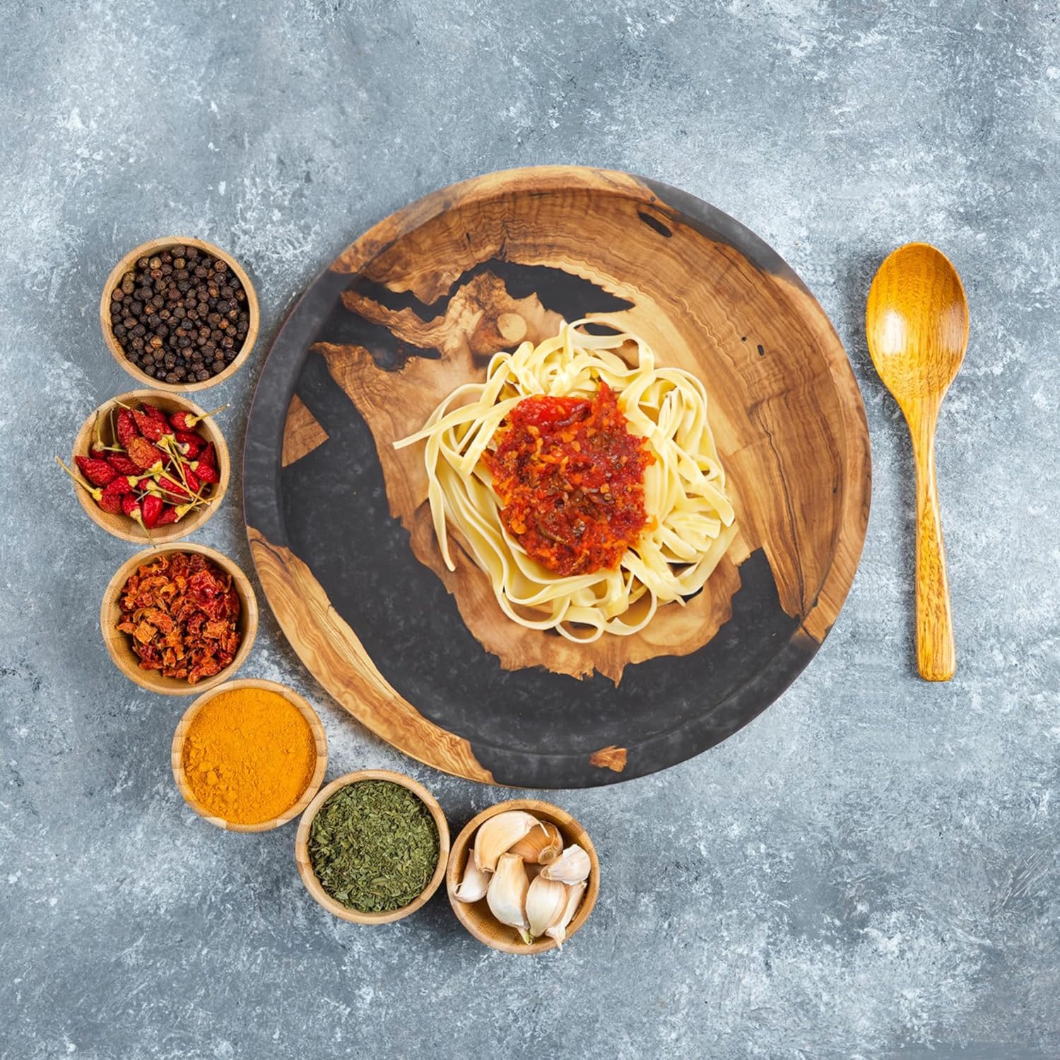 Olivarte Handmade Epoxy Wide Serving & Salad Plate - Decorative, Olive Wood Serving Plate for Salad, Fruit, Meat - Ideal for Kitchen, Unique Housewarming Gift -Palapala (11"x11"x1.38")