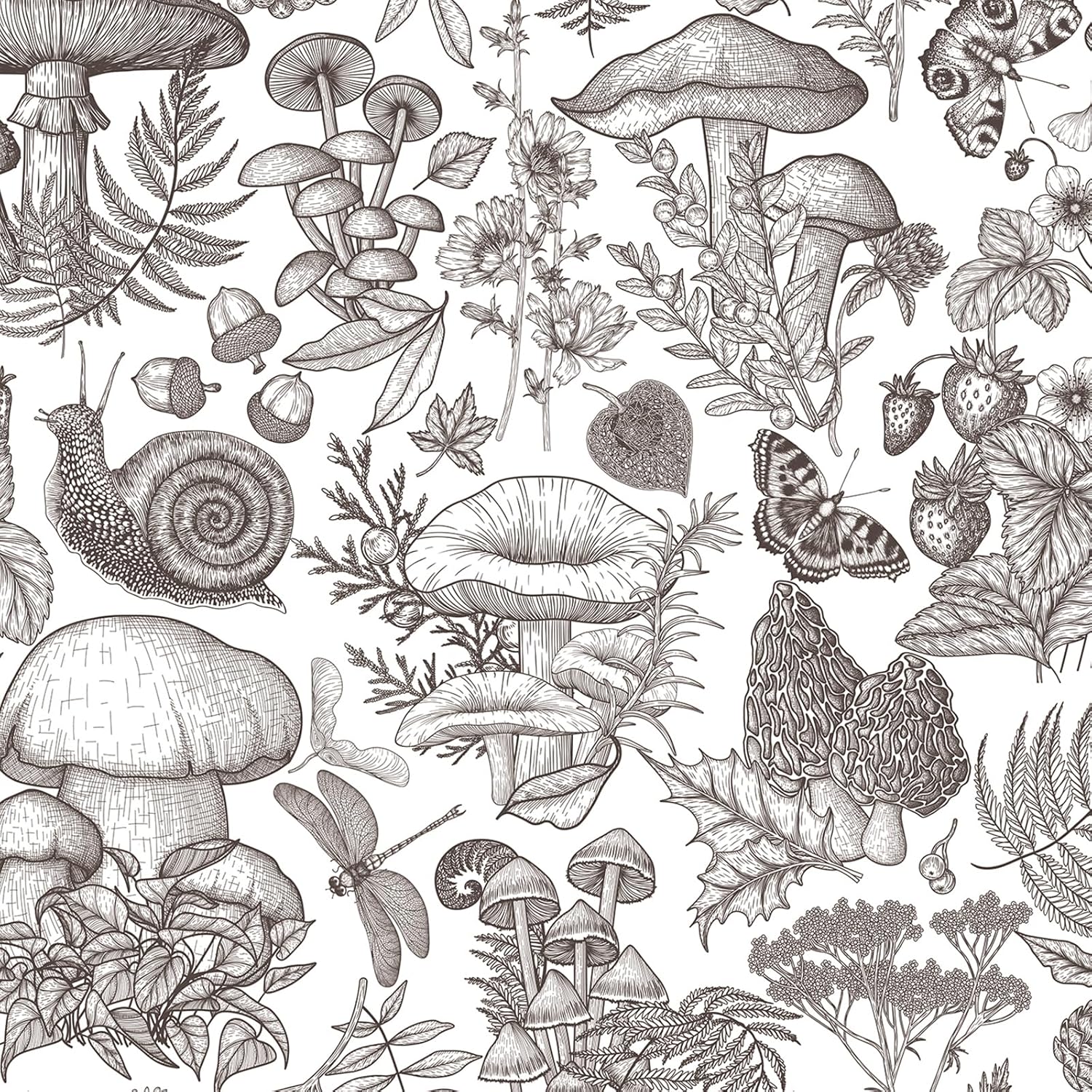 FunStick Vintage Black and White Mushroom Wallpaper Peel and Stick Farmhouse Animal Botanical Wall Paper Removable Mushroom Contact Paper for Cabinets Floral Wallpaper for Bedroom Walls 17.5"x118"