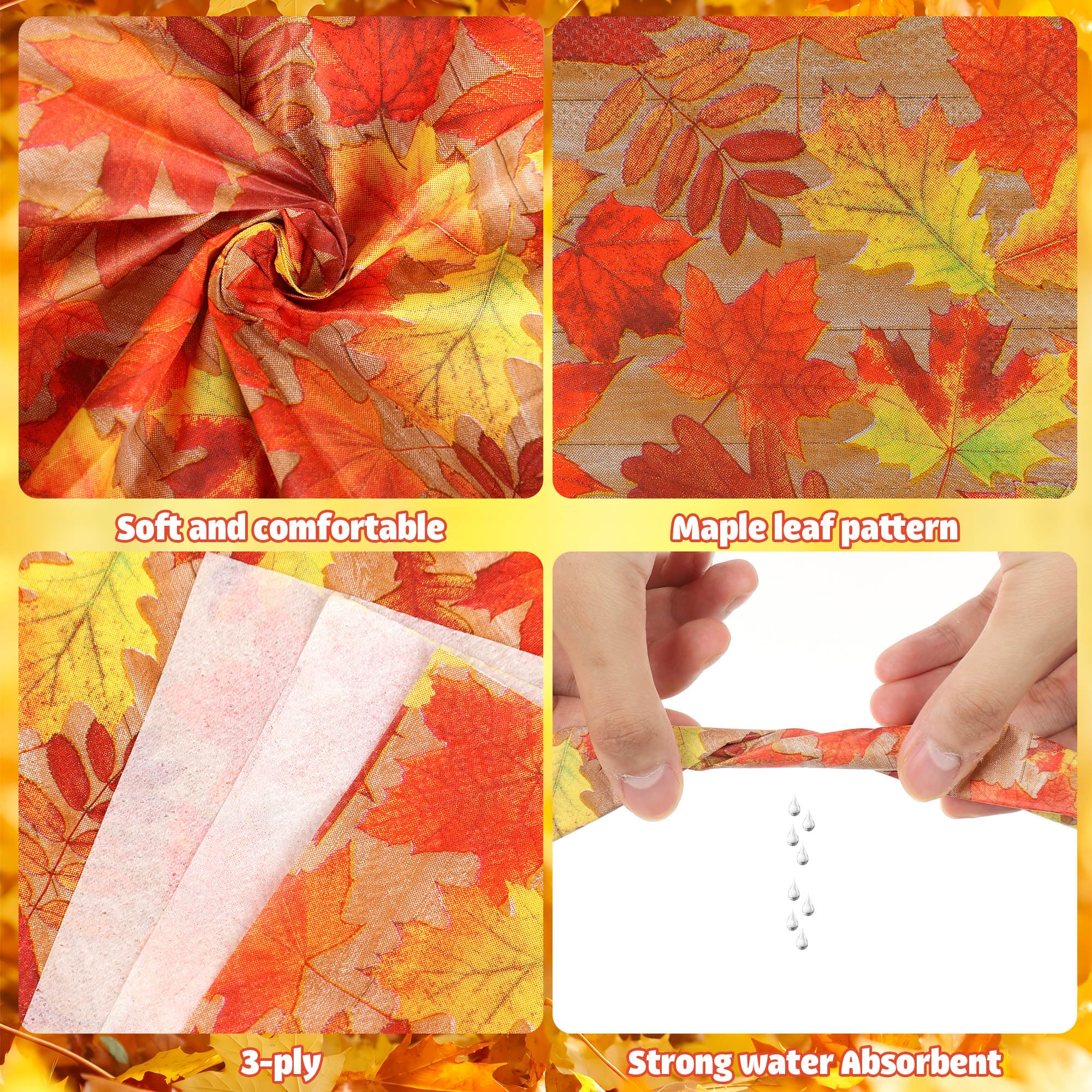 100 servilletas de cóctel de otoño, servilletas de papel de hojas de otoño, 3 capas, desechables, hojas de arce, servilletas de fiesta, servilletas decorativas para cena de Acción de Gracias,