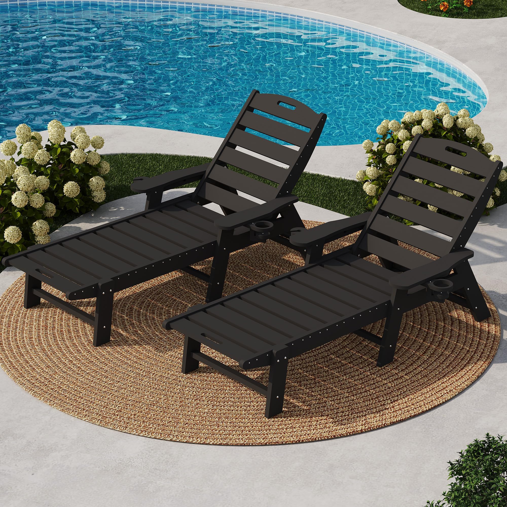 Garvee Chaise Longue Plegable Extragrande, Reclinable De HDPE Ajustable En 5 Posiciones, con Portavasos Integrado, Resistente Tumbona para Patio, Piscina, Terraza, Jardín.