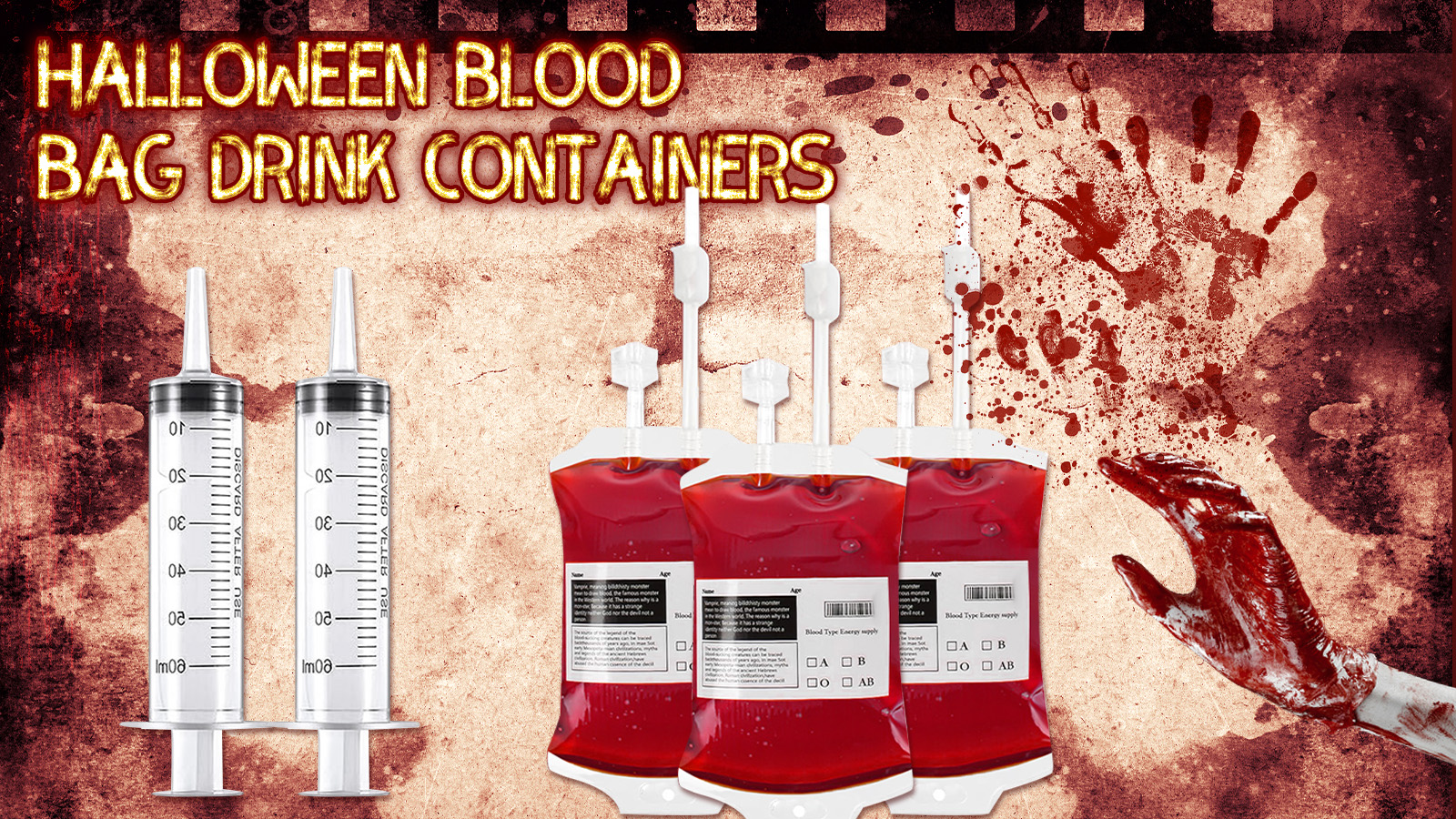 12 Pack Halloween Blood Bag Drink Containers, Reusable IV Blood Bags Pouches for Vampire Cosplay, Nurse, Medical, Horror Party Decorations, Doctor Nursing/RN Graduation, 12 Fl. Oz. Each + 2 Syringes