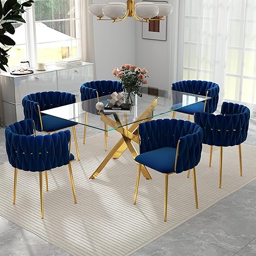 Miniatura 32 de Juego de mesa de comedor de cristal dorado de lujo para 4, juego de comedor cuadrado de 5 piezas con parte superior de vidrio transparente, juego de