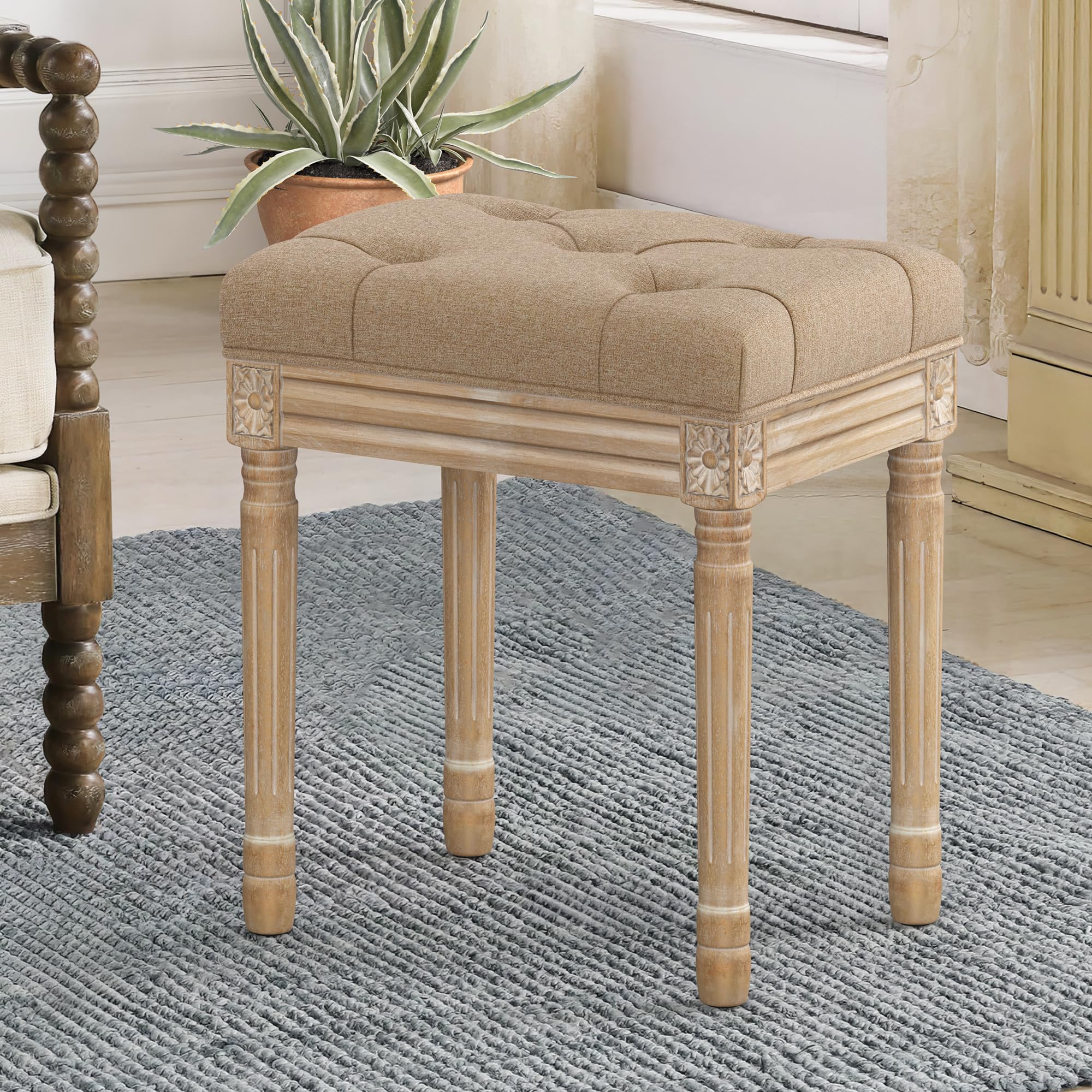 LUE BONA French Style Vanity Bench Seat with Carved Wood Color Legs - Square Tufted Linen Ottoman Vanity Stool for Bedroom, Entryway, 300lbs Capacity, Beige: Wheat and Wood