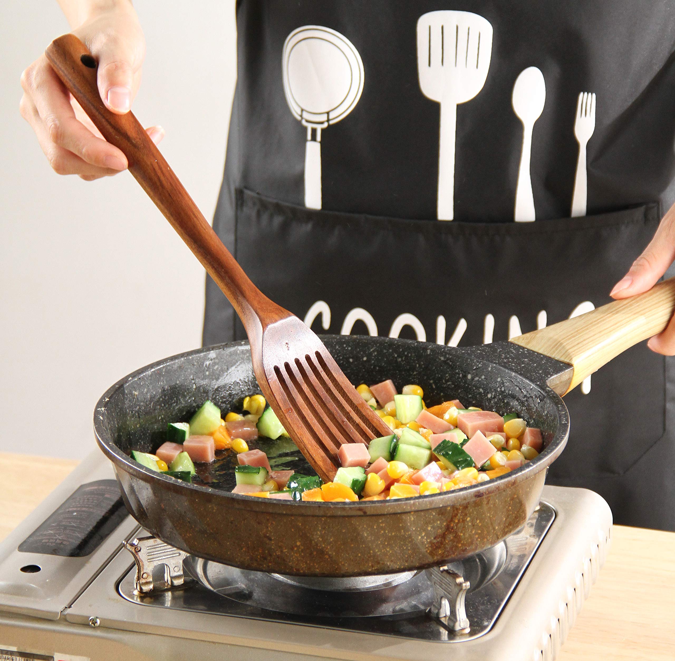 NAYAHOSE Küchenutensilien-Set aus Holz mit Halter, 9-teiliges Teakholz-Löffel-Set zum Kochen, Spatel-Set mit Edelstahl-Aufbewahrungsfass