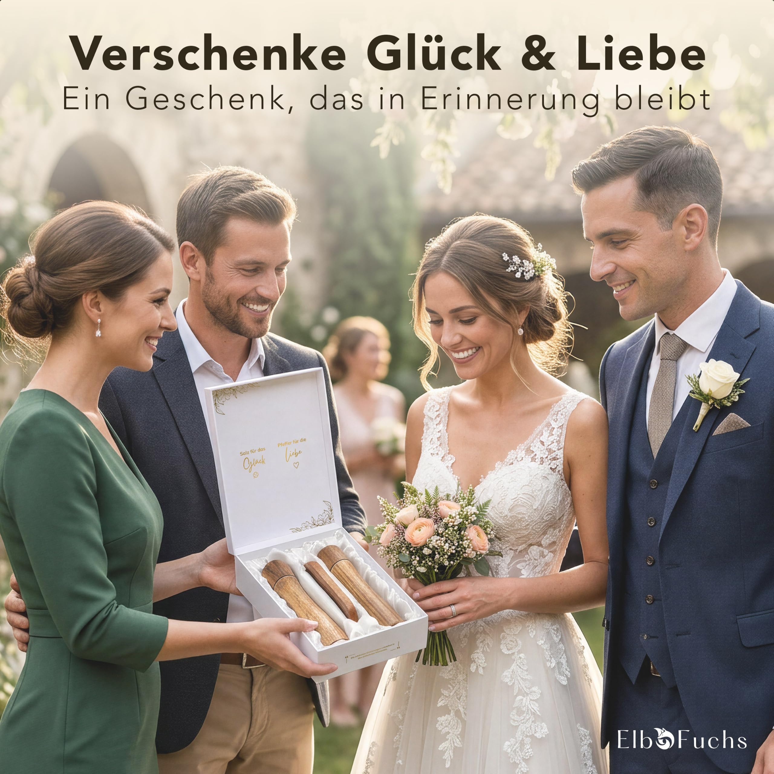 ElbFuchs Salz und Pfeffermühle Holz Set aus Akazienholz mit Untersetzer, 2 große Gewürzmühlen stufenlos verstellbar, Hochzeitsgeschenk für Brautpaar, Einzug und Hölzerne Hochzeit